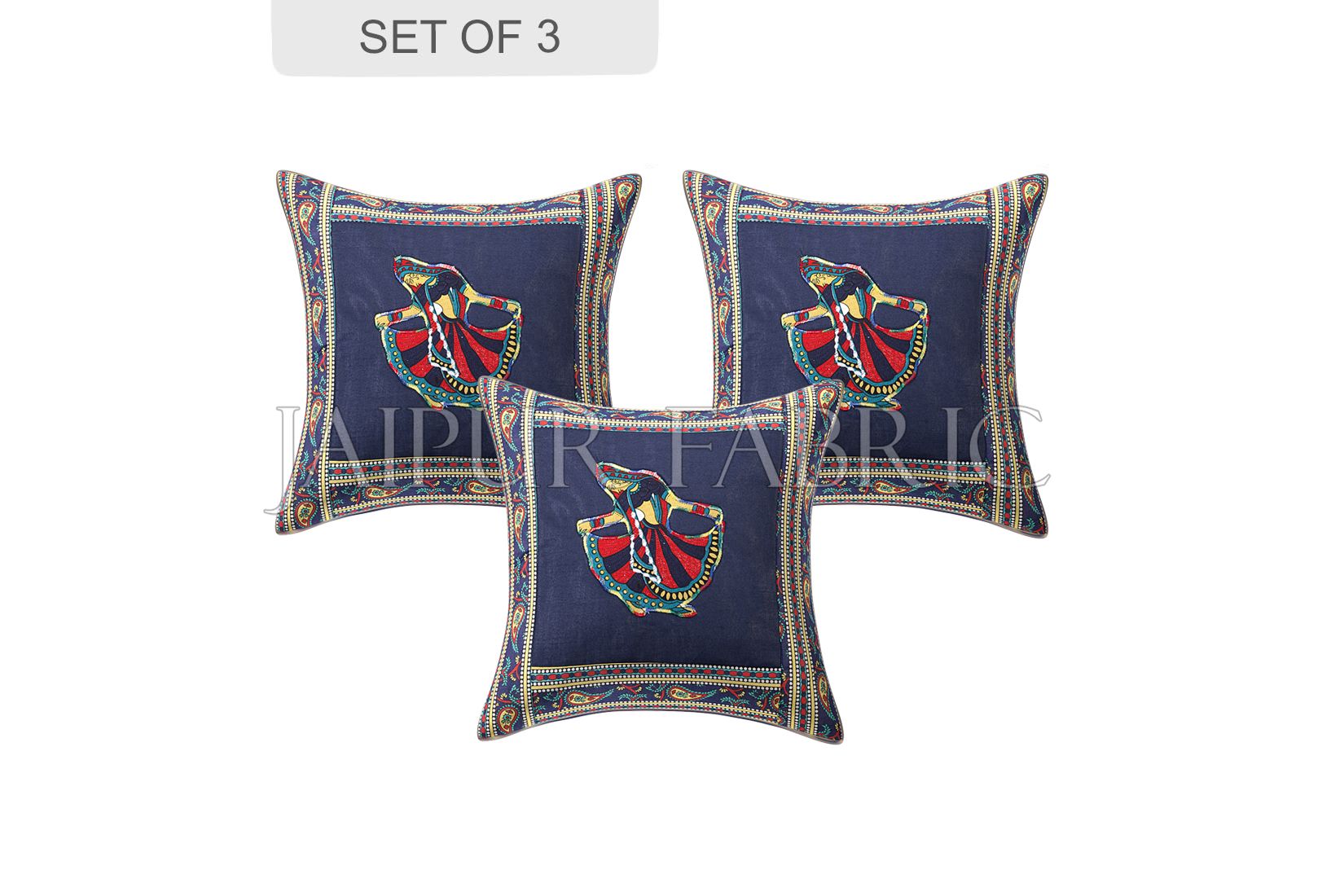 JaipurFabric® Blue Gujri Dance Design Patchwork & Applique Cushion Cover - view 2