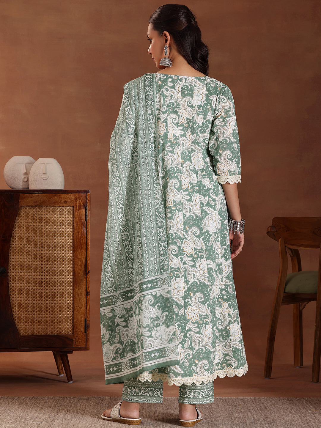 Libas Green Printed Cotton Anarkali Suit With Dupatta - view 4