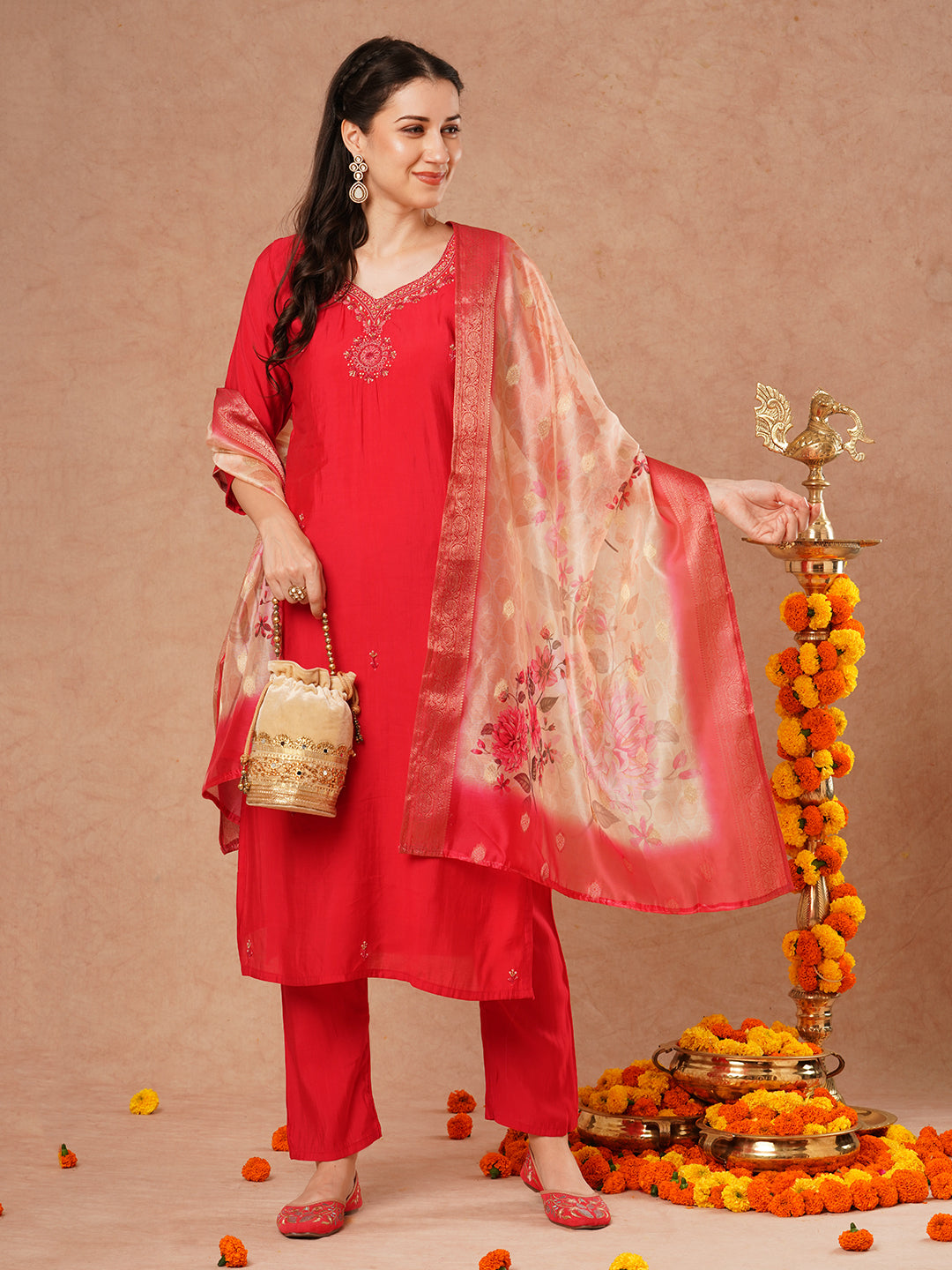 FASHOR Solid Hand Embroidered Straight Fit Kurta with Pant & Printed Dupatta - Pink