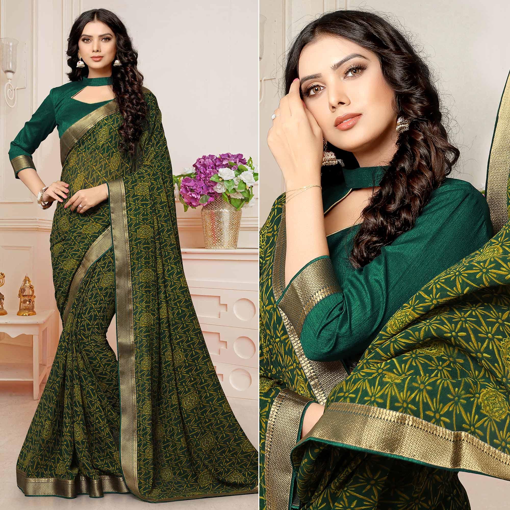 Peachmode Bottle Green Printed With Woven Border Georgette Saree