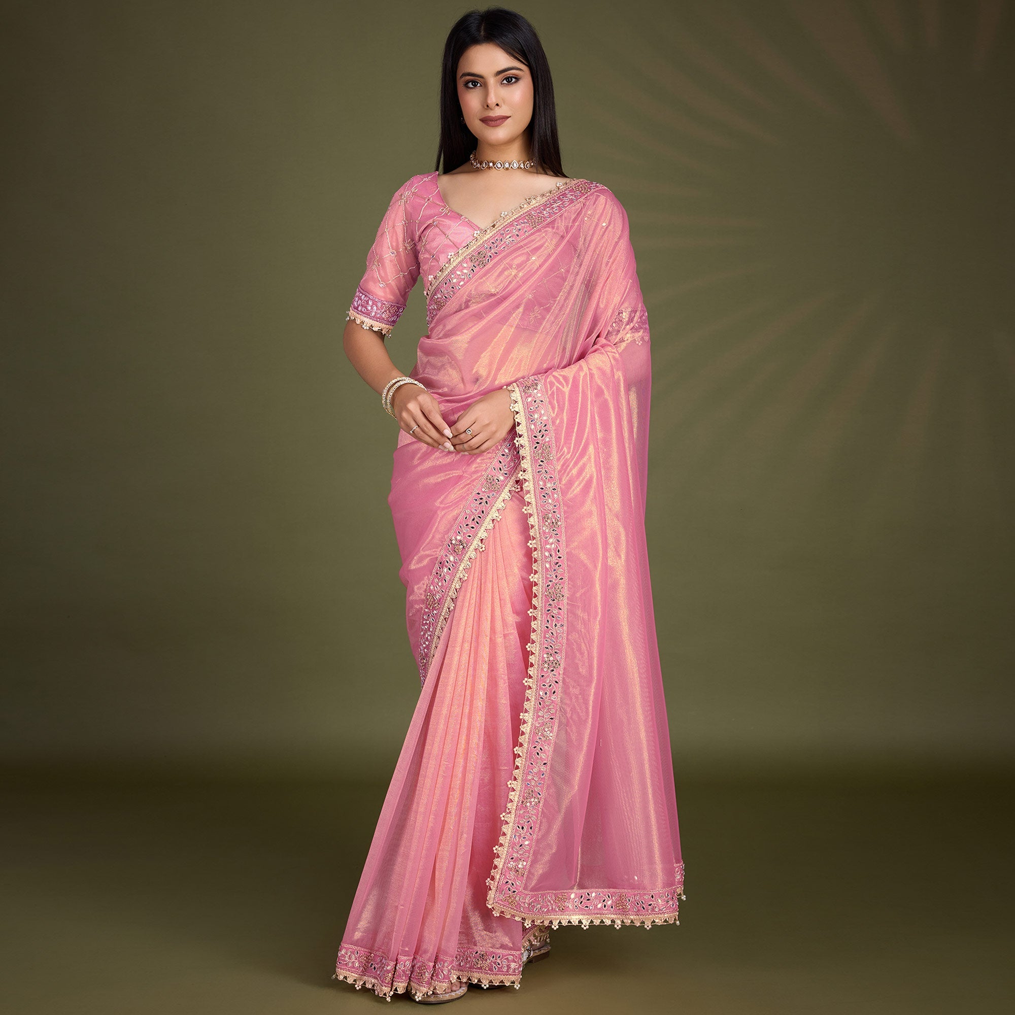 Peachmode Light Pink Sequins Embroidery With Mirror Handwork Twill Net Saree - view 2