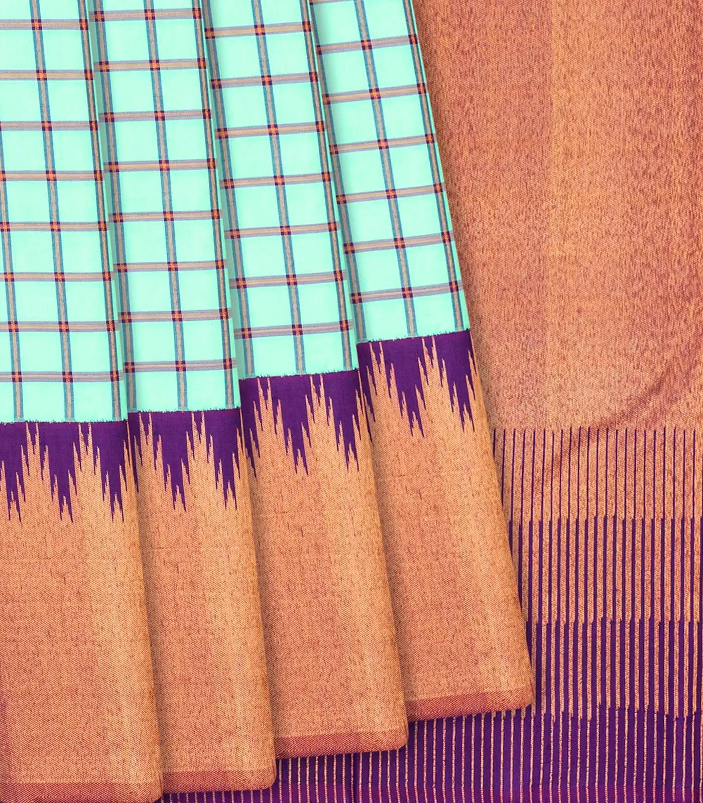 RmKV Aquamarine Handloom Kanchipuram Korvai Silk Saree With Checks-Aquamarine