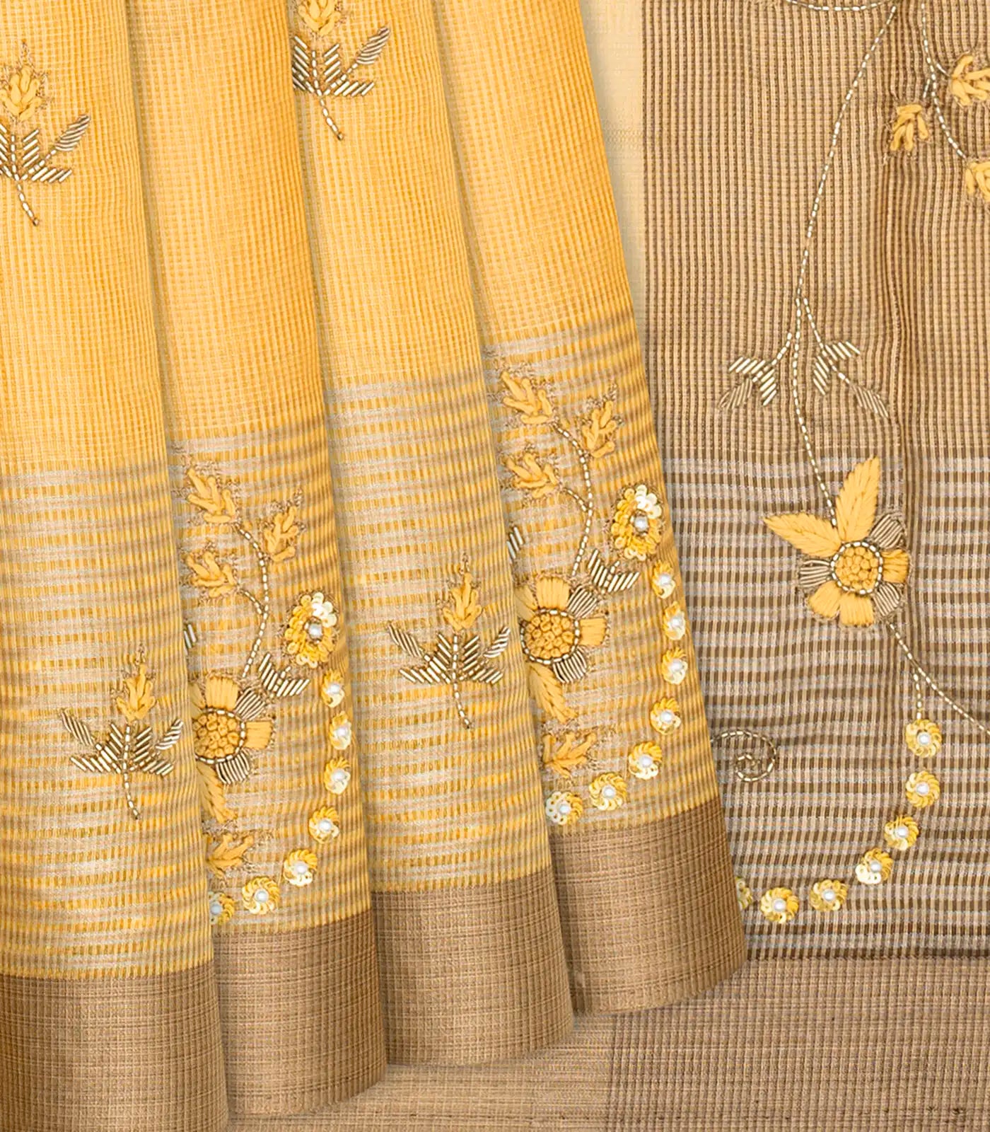 RmKV Sandal Woven Tissue Saree With Embroidered Floral Motifs-Sandal