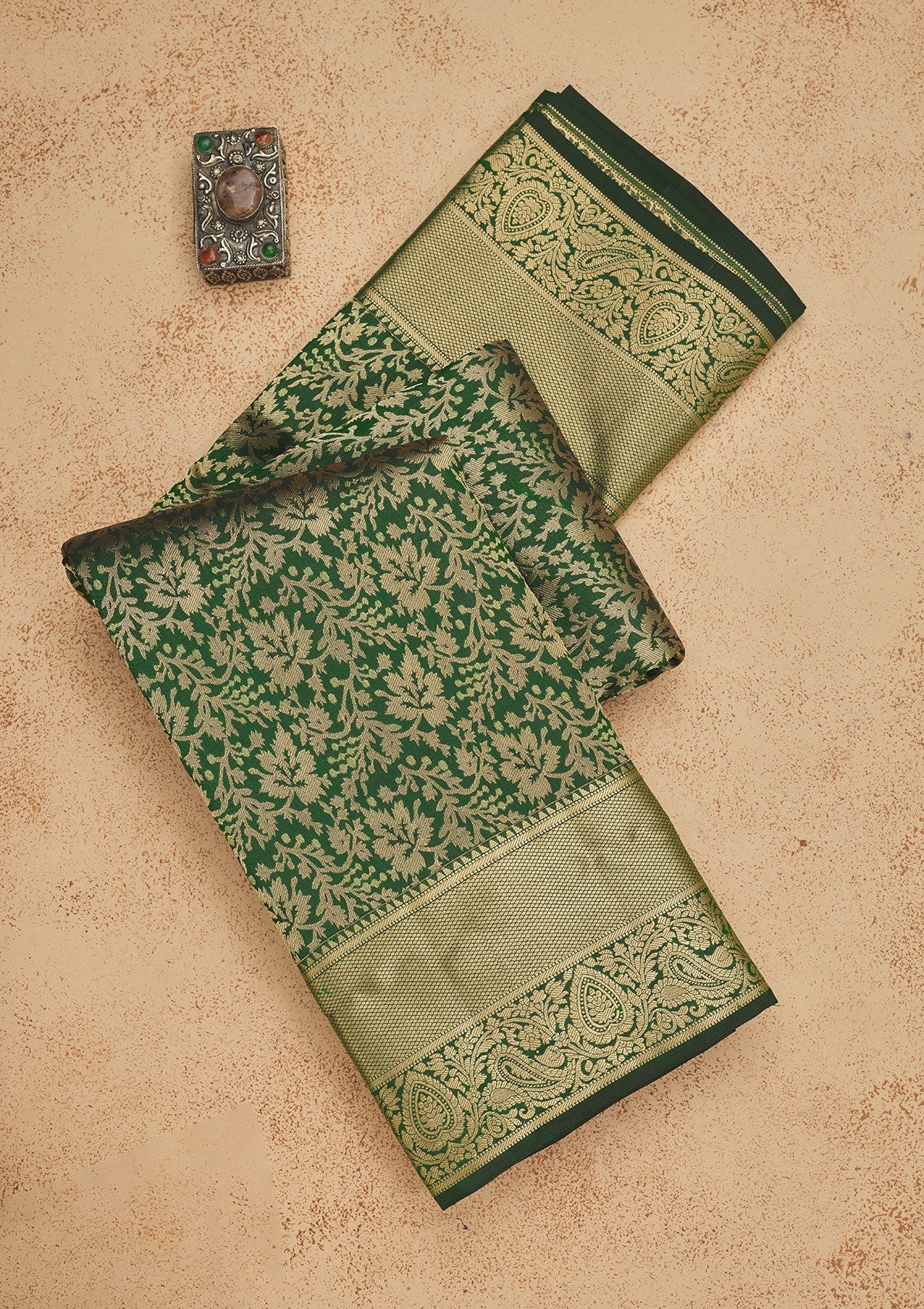Koskii Bottle Green Zariwork Pure Silk Saree – Women's