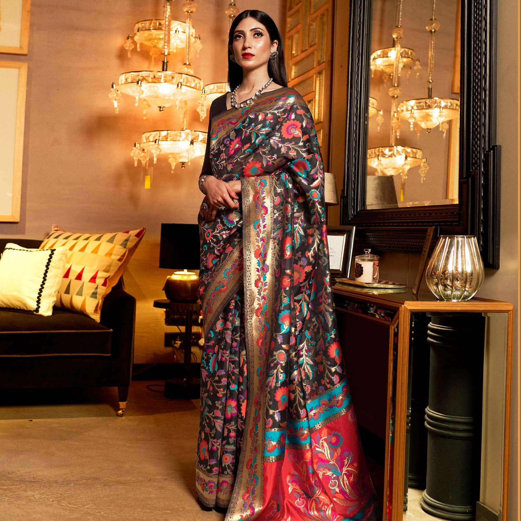 Peachmode Magnetic Black Colored Festive Wear Woven Chanderi Saree