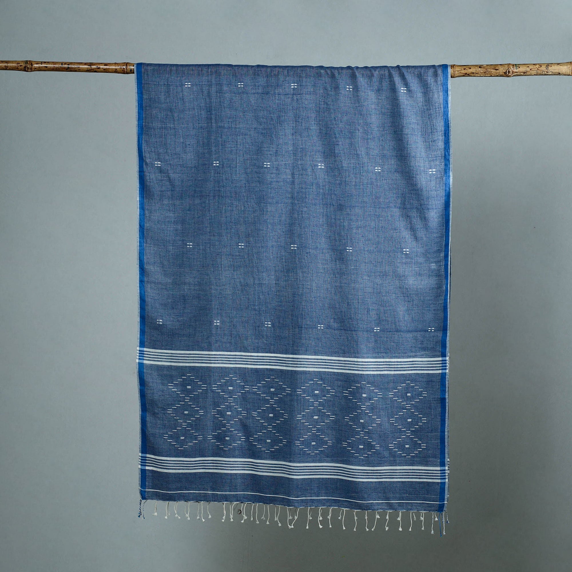 KHUSHBASH - HAPPY LOOM OF EAST Blue - Burdwan Jamdani Cotton Handloom Stole with Tassels 28 - view 2