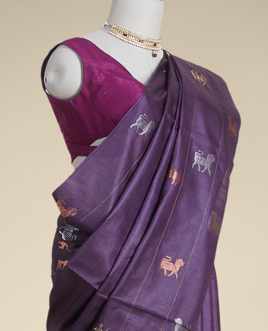 Pothys purple animal motifs tussar silk saree with self zari border