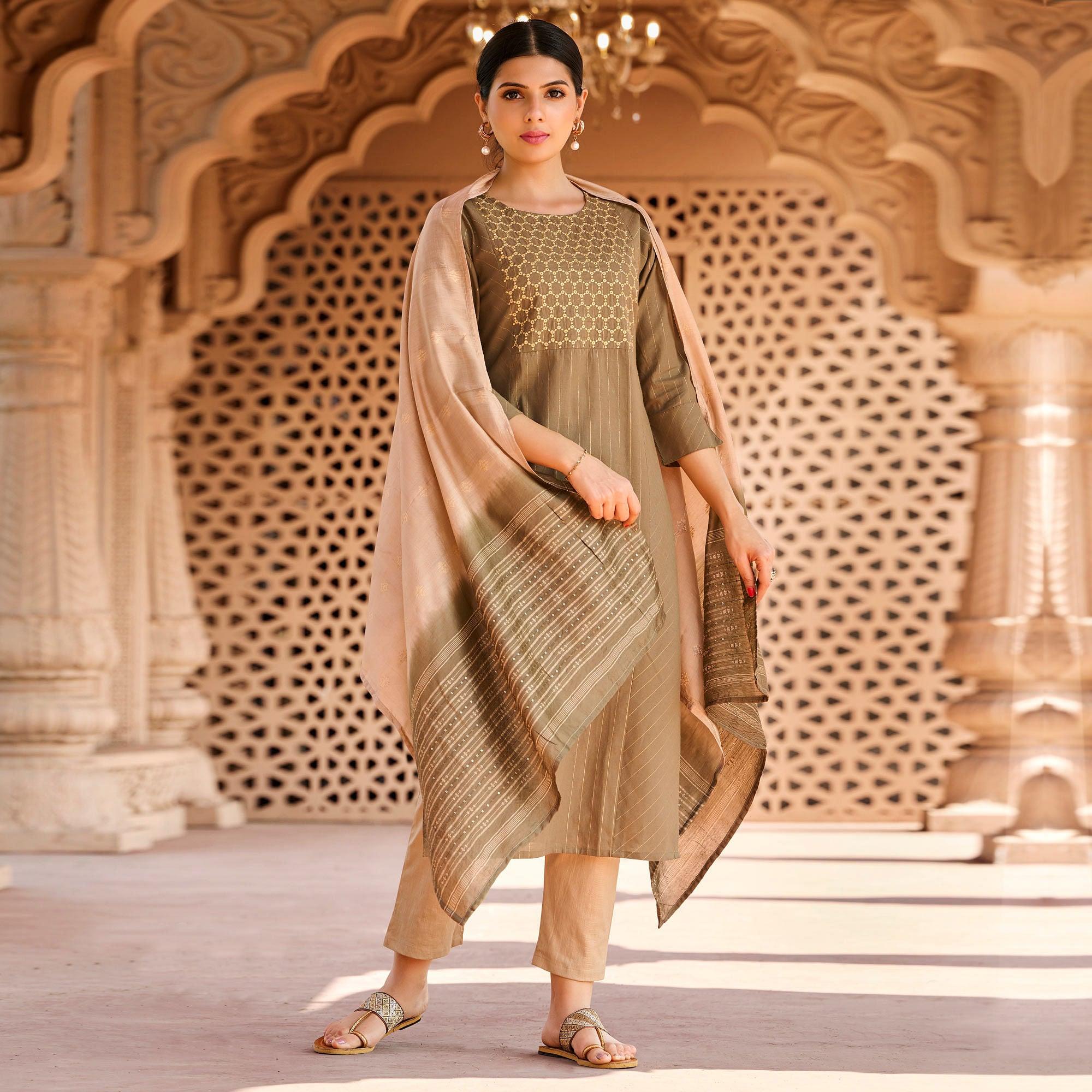Peachmode Seller Brown Embroidered Pure Cotton Cotton Kurti Pant Set With Dupatta