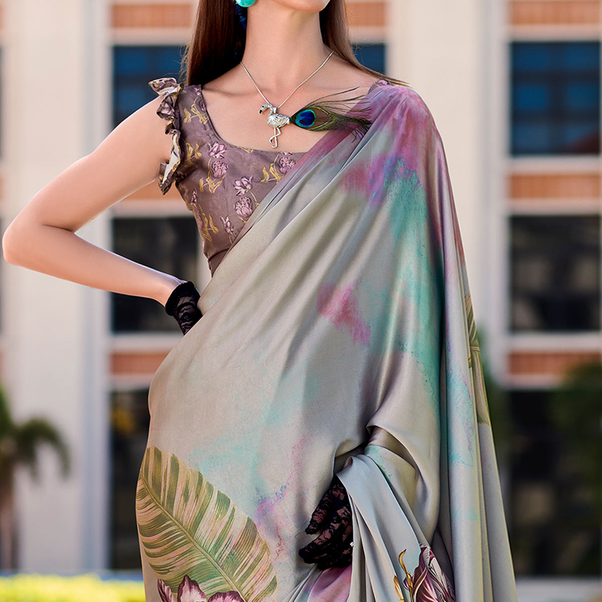 BlackTree grey-floral-digital-printed-pure-satin-saree - view 3