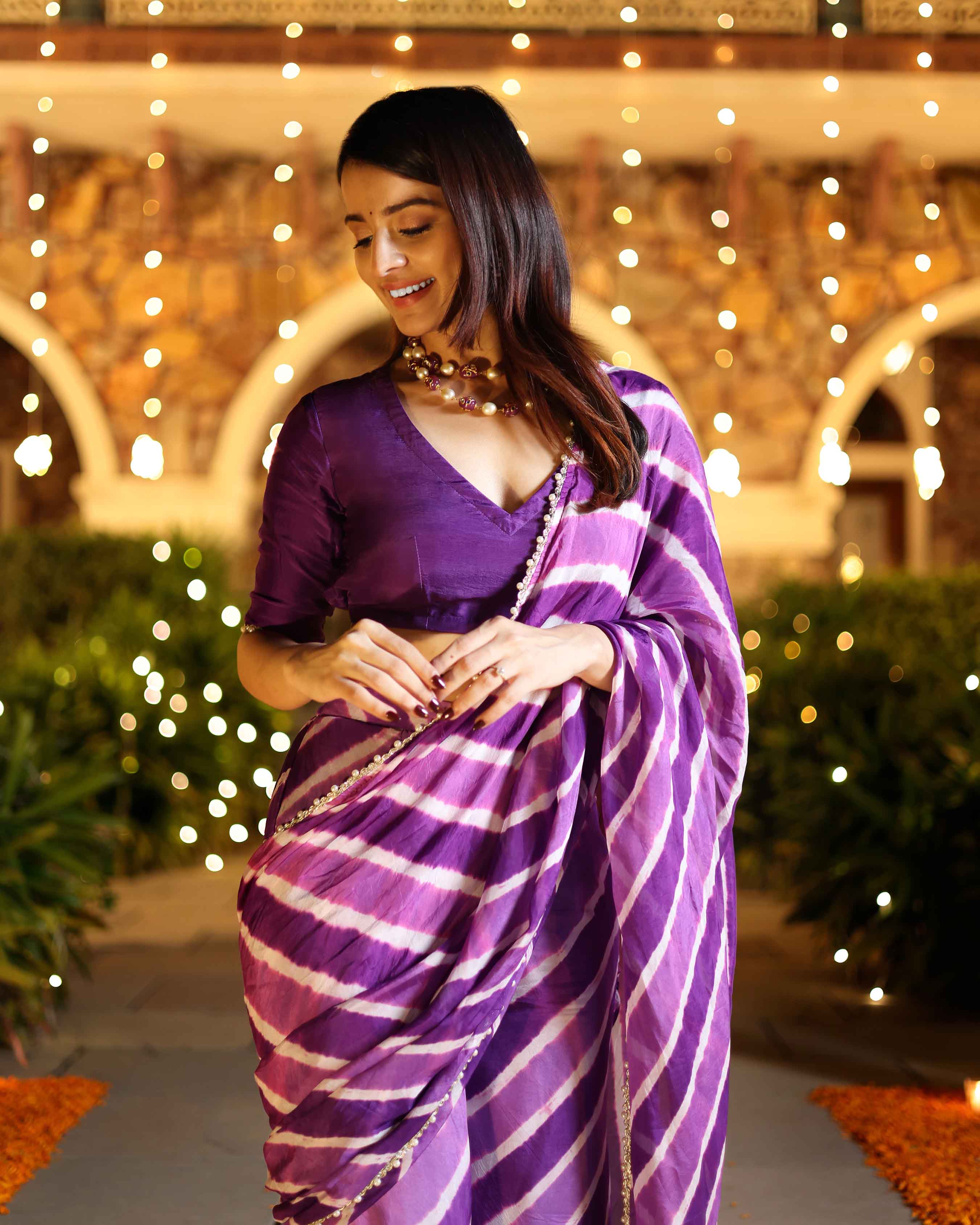 Aachho Kimaya Purple Leheriya Silk Pre Draped Saree - view 9