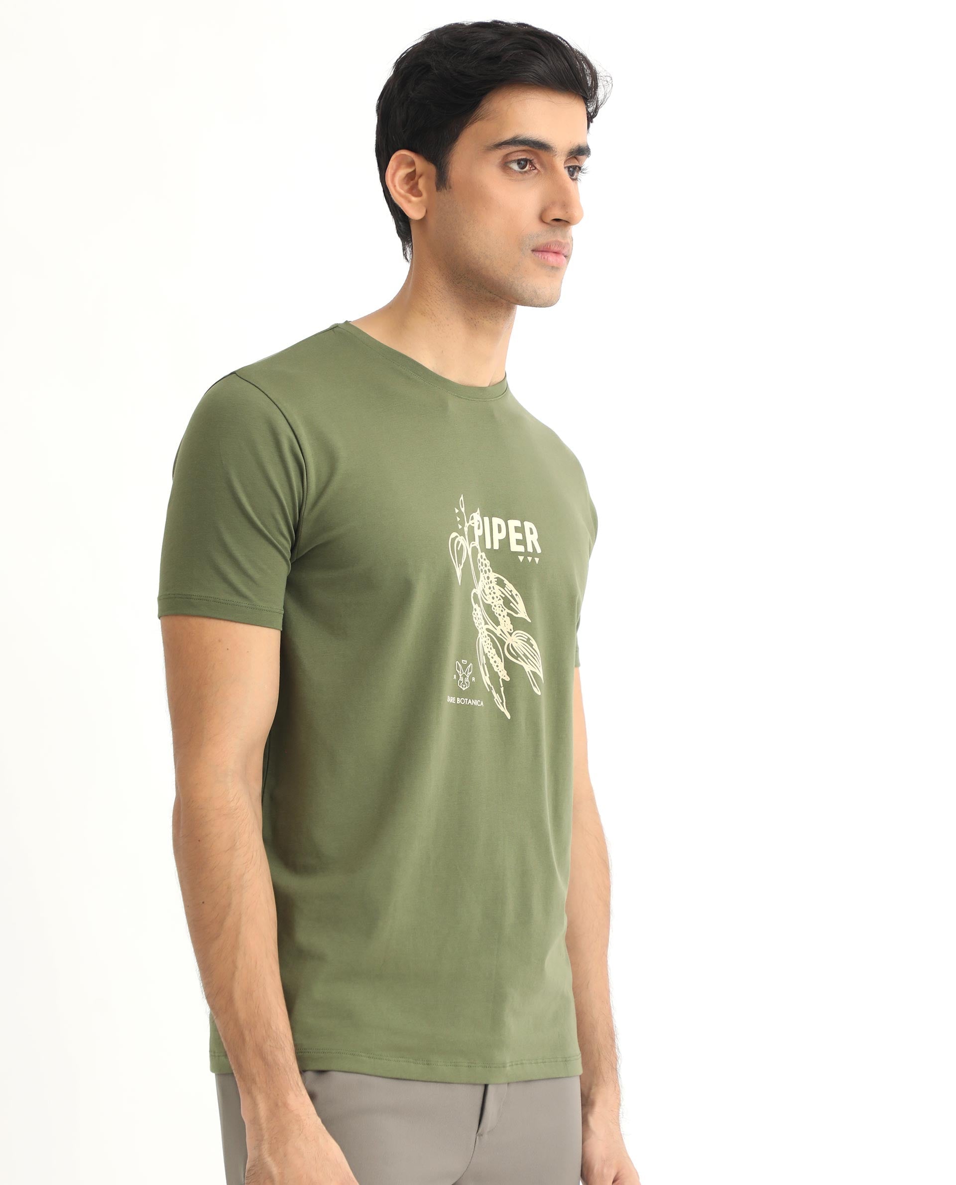 Rare Rabbit Men's Quet Olive Crew Neck With Botanical Chest Graphic Half Sleeves Slim Fit T-Shirt - view 6