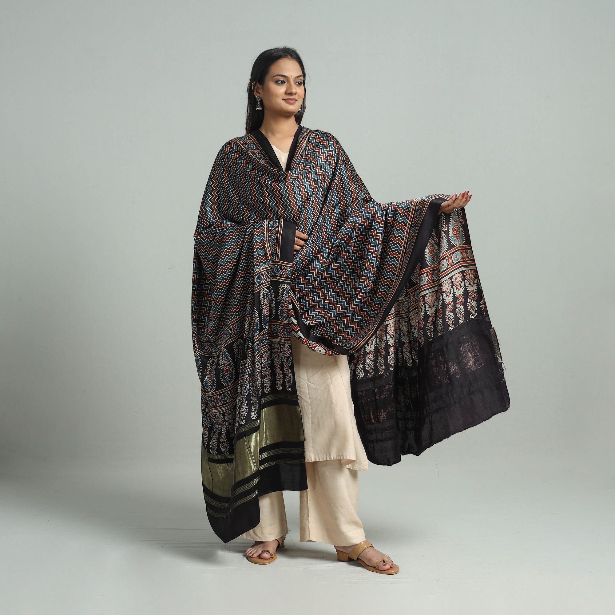 KACHCHH JI CHHAAP Black - Modal Silk Block Print Ajrakh Dupatta 75 - view 2