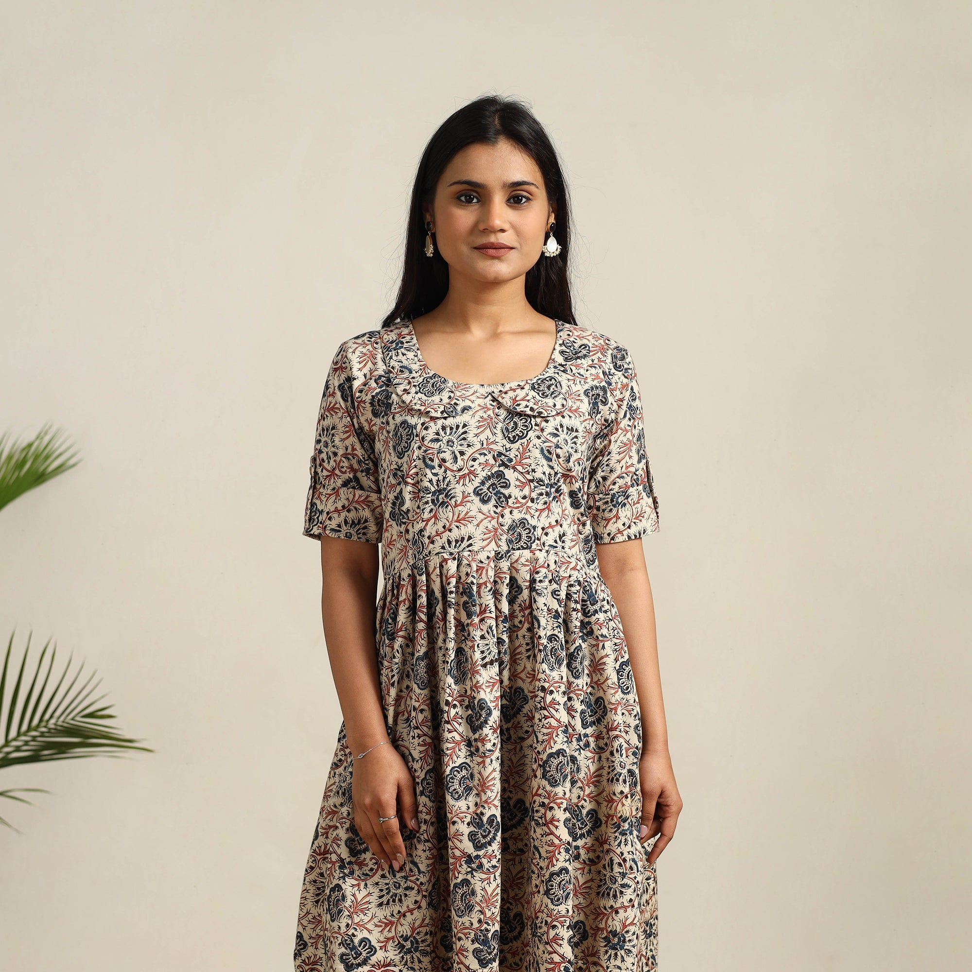 ITOKRI CASUALS Beige - Pedana Block Print Cotton Flared Kalamkari Dress 10