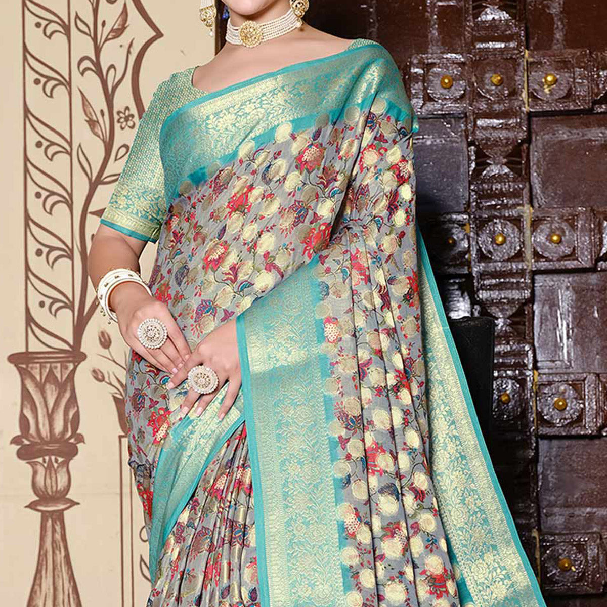 BlackTree grey-turquoise-floral-printed-pure-cotton-saree - view 3
