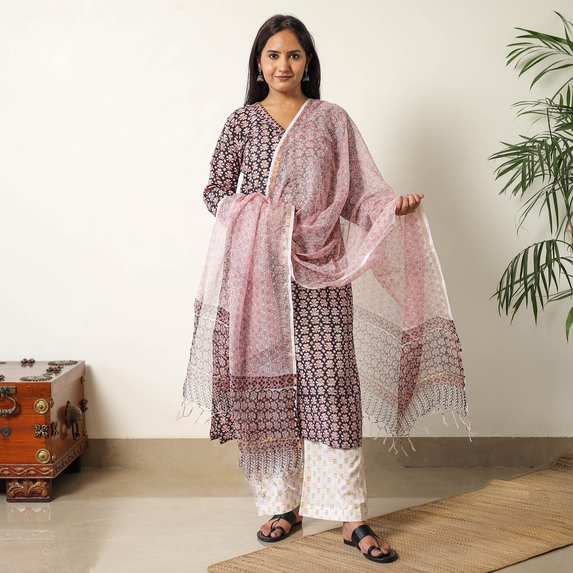 ITOKRI CASUALS Black - Sanganeri Block Printed Cotton Kurta with Palazzo & Dupatta Set 09