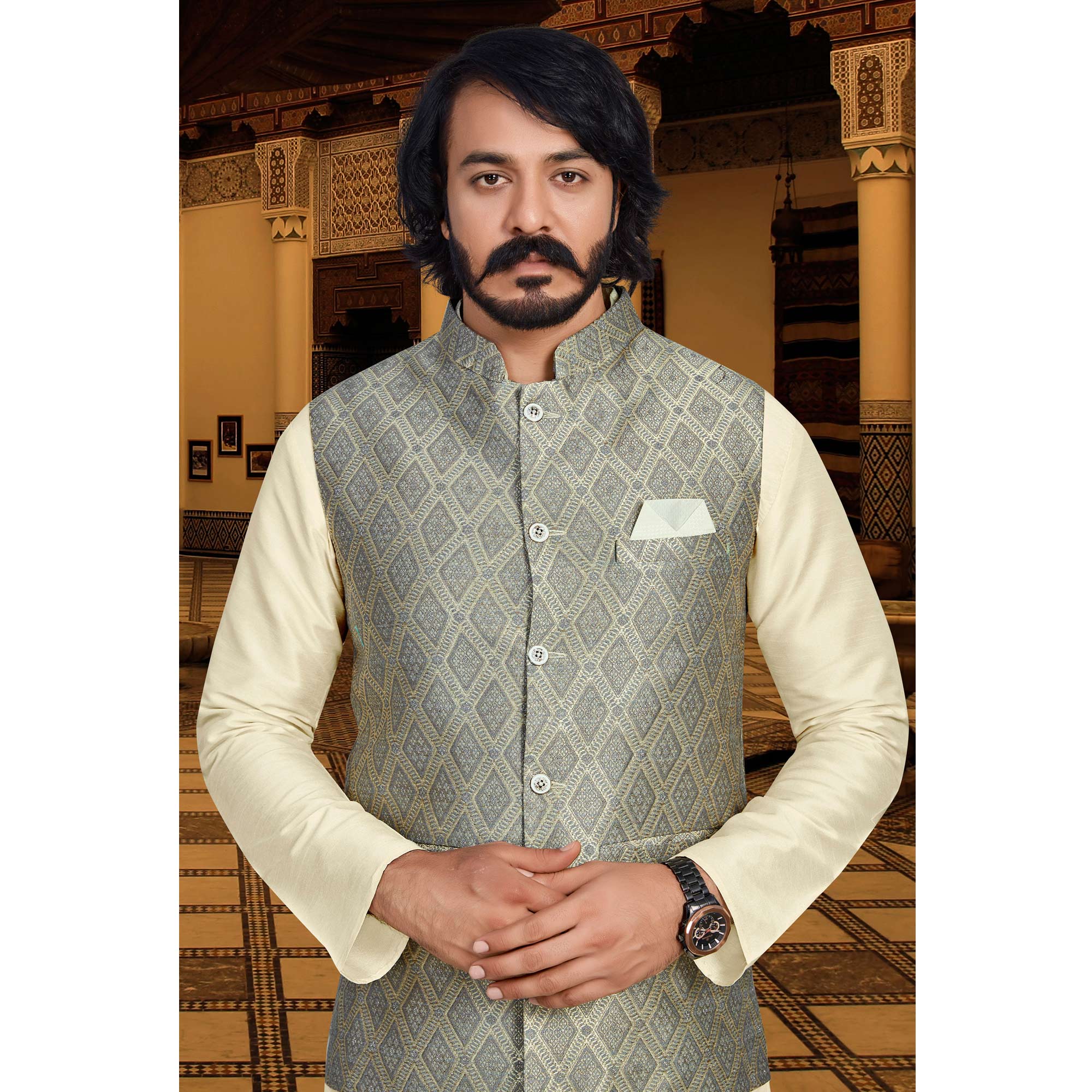 Peachmode Seller Cream Grey Woven Art Silk Kurta Pyjama Set With Jacket - view 4