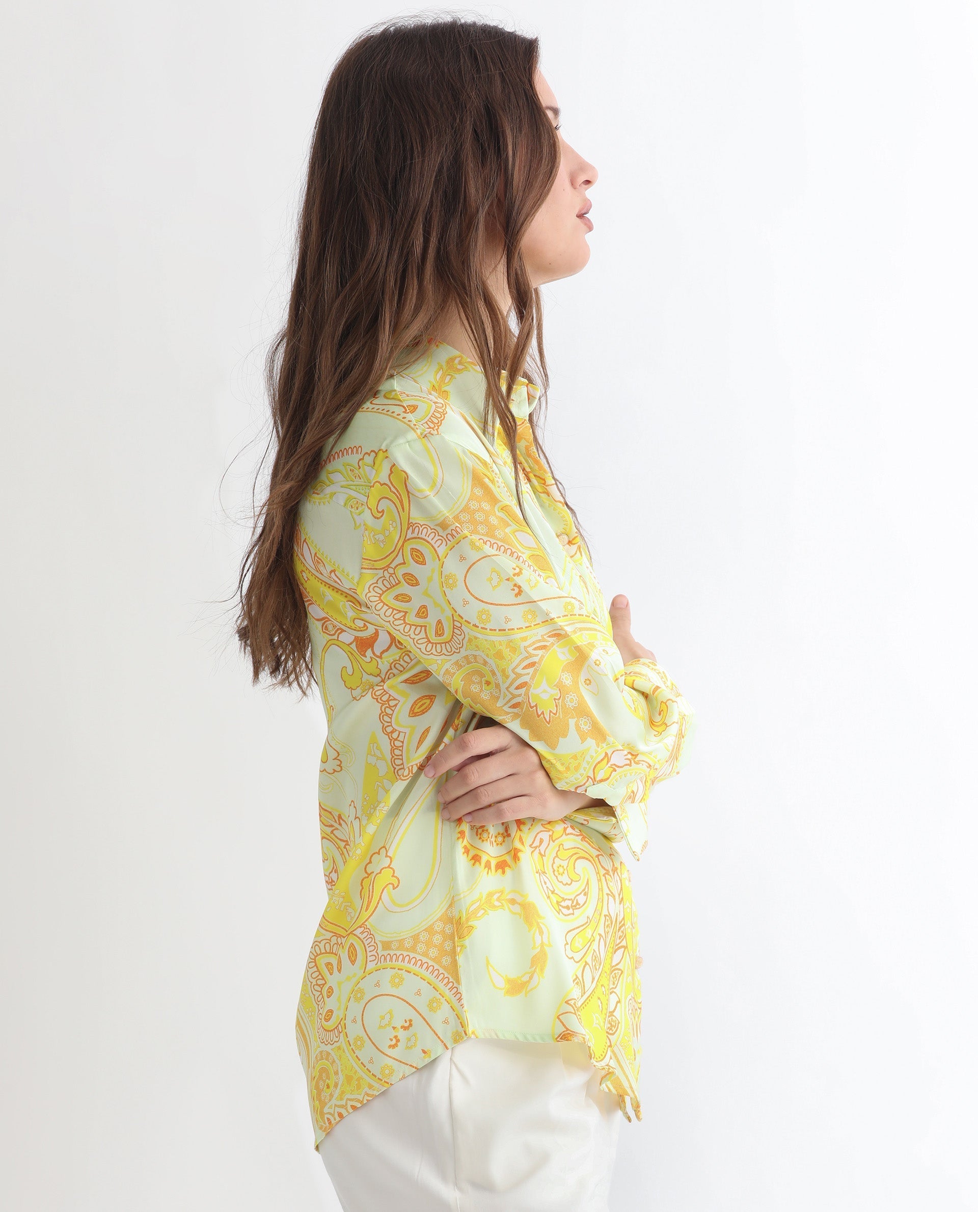 Rareism Women Lander Light Yellow Polyester Fabric Full Sleeves Button Closure Shirt Collar Regular Fit Paisley Print Top - view 8