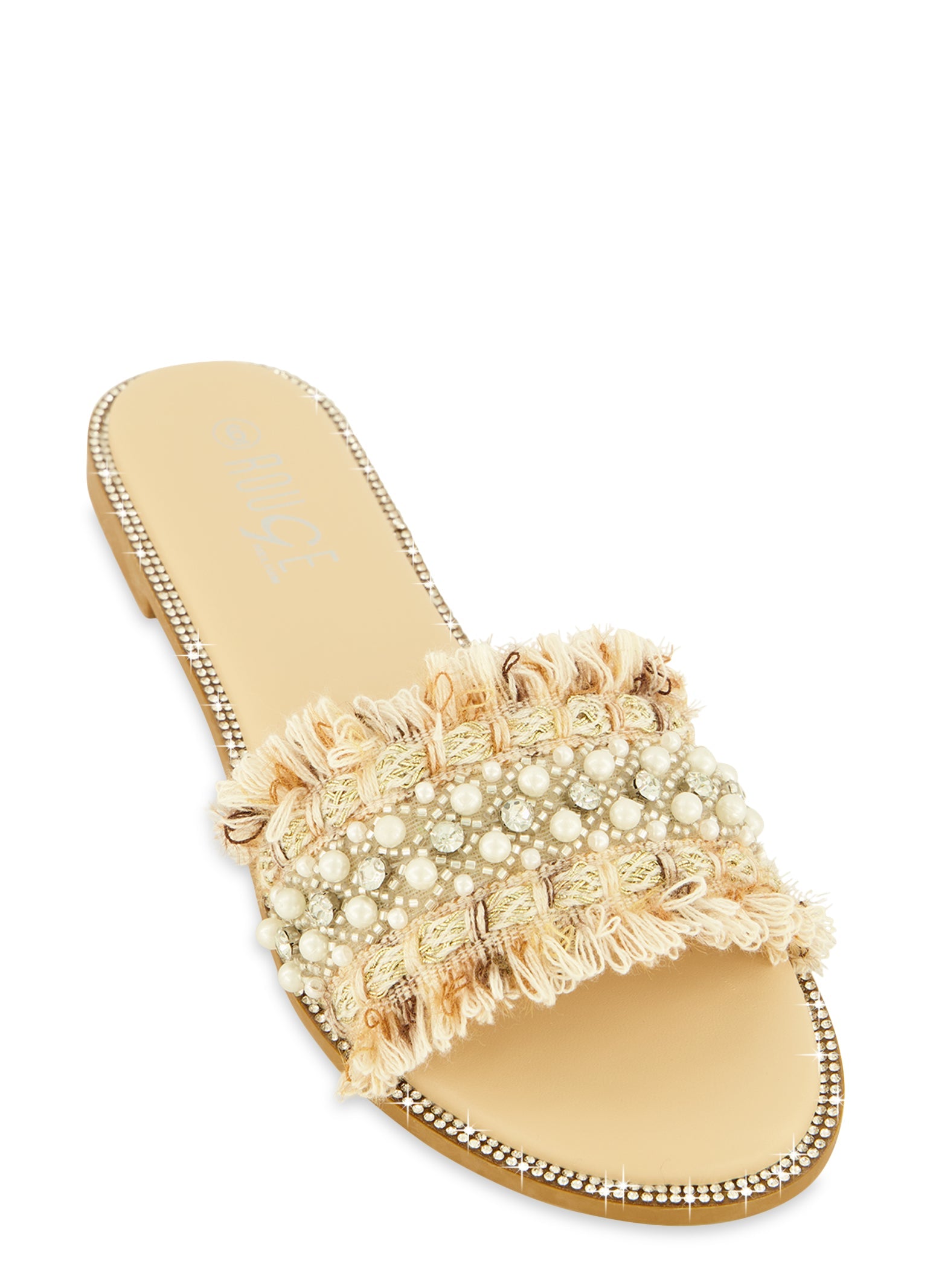 Rainbow Shops Rhinestone Trim Frayed Faux Pearl Band Slide Sandals
