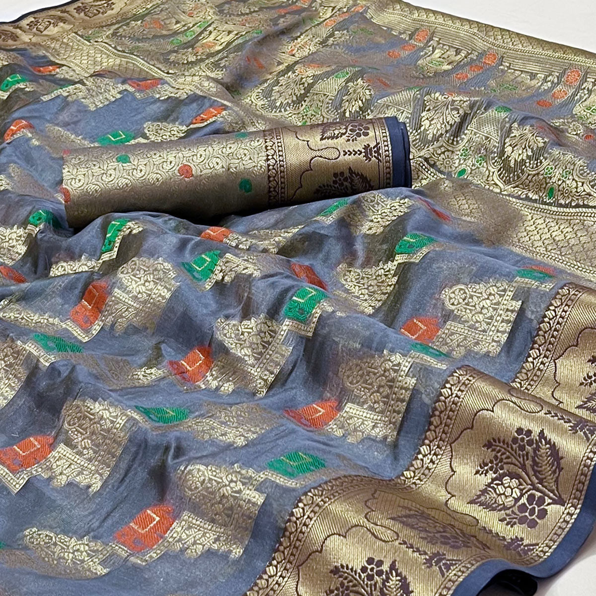 Peachmode Grey Woven Organza Saree – Women's - view 2