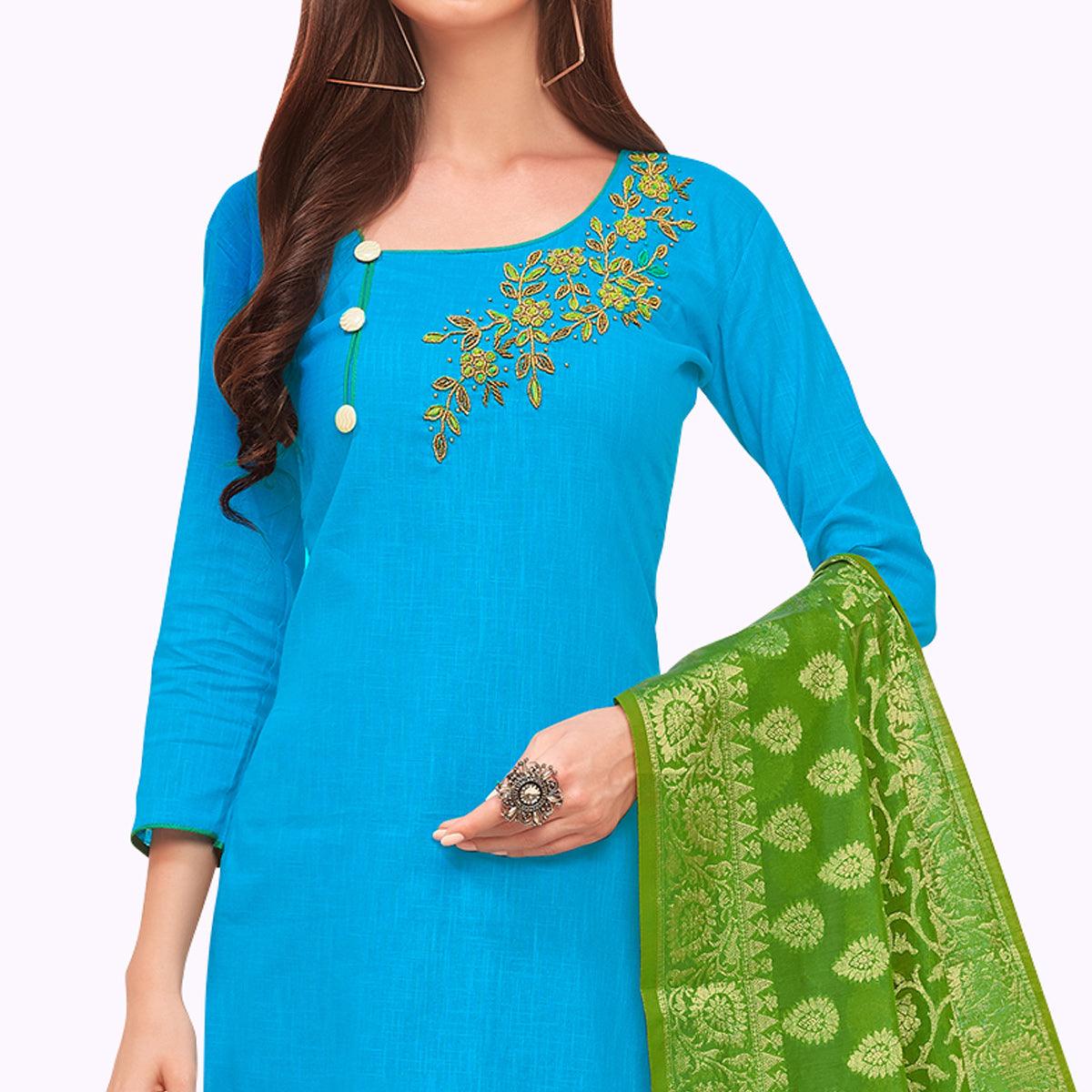 Peachmode Lovely Sky Blue Colored Casual Wear Embroidered Cotton Dress Material With Banarasi Silk Dupatta - view 2