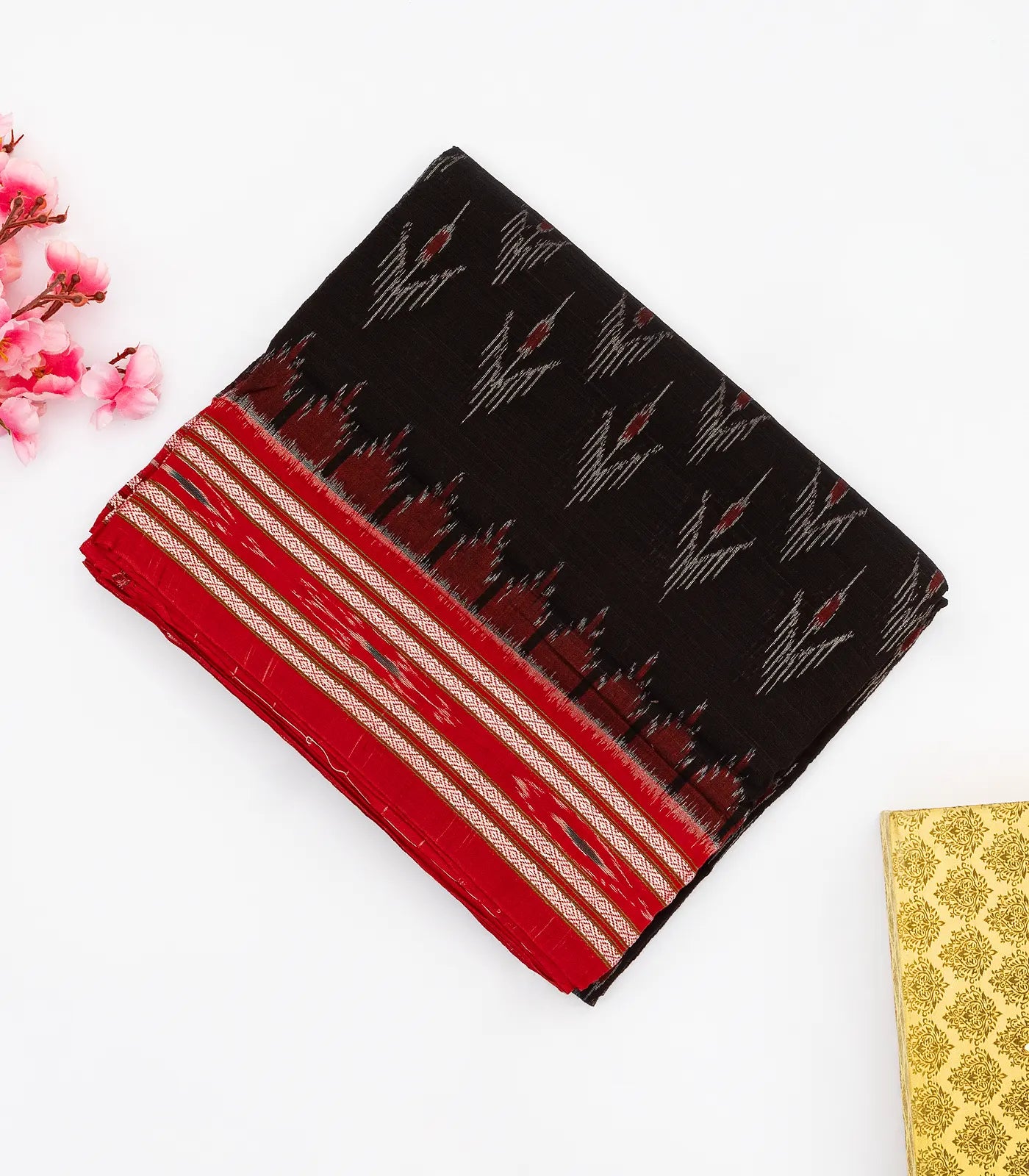RmKV Black Orissa Cotton Saree With Tie & Dye Motifs & Contrast Red Border