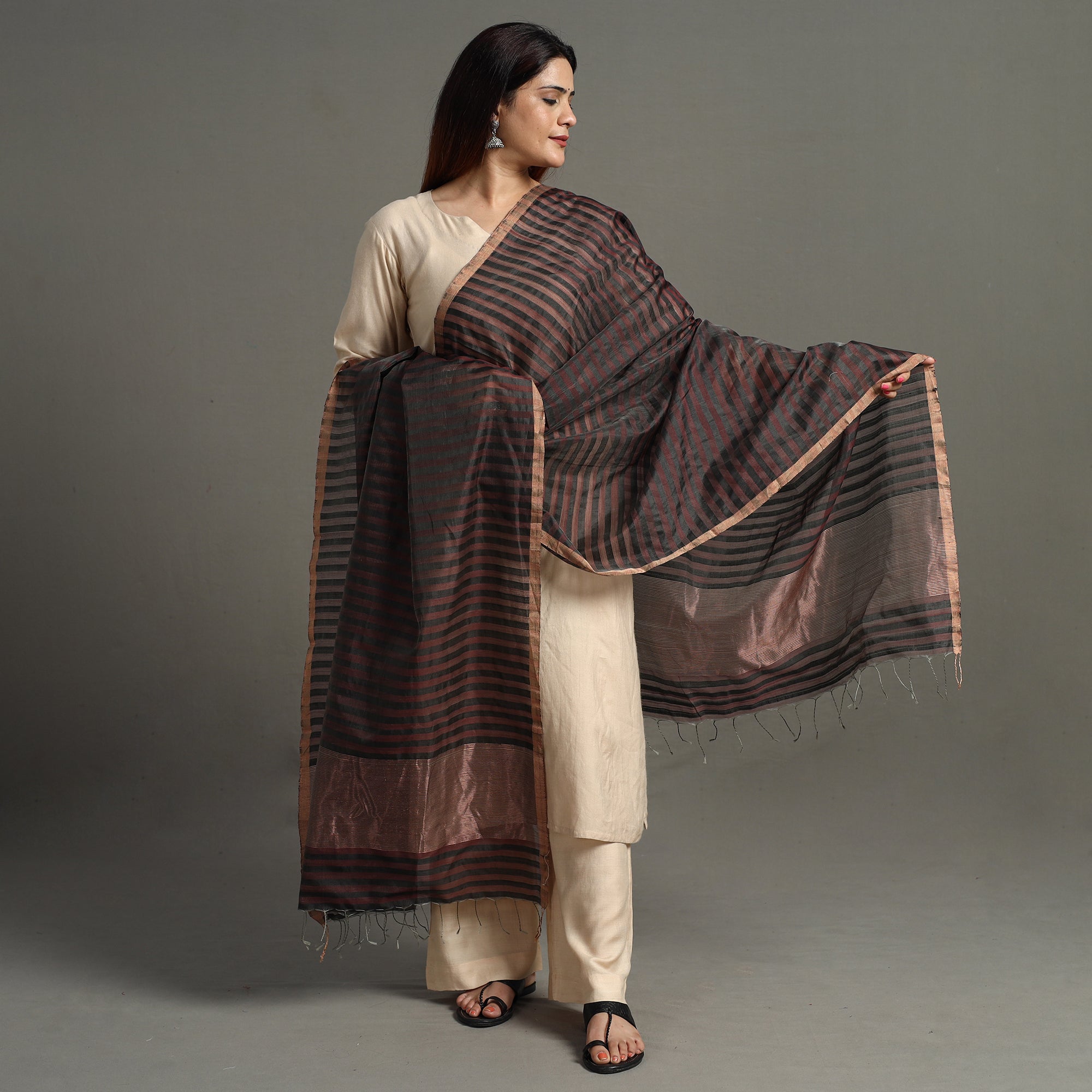 ITOKRI CRAFTS INITIATIVE Black - Traditional Chanderi Silk Handloom Zari Buti Dupatta with Tassels 26