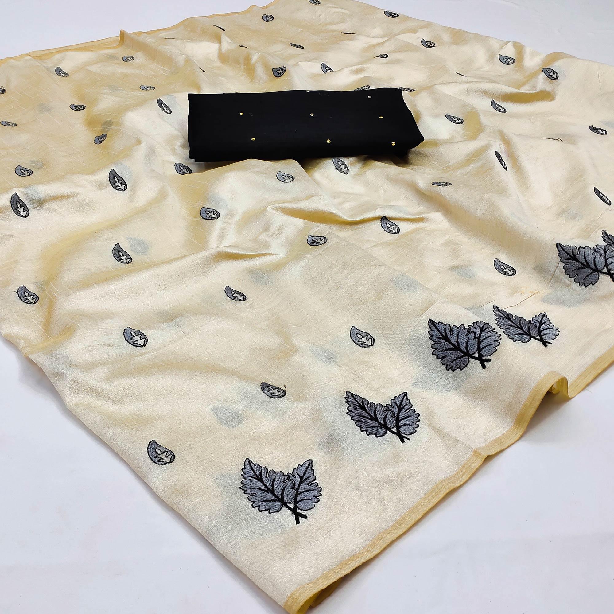 Peachmode Cream - GREY Casual Wear Emrboidered Silk Saree