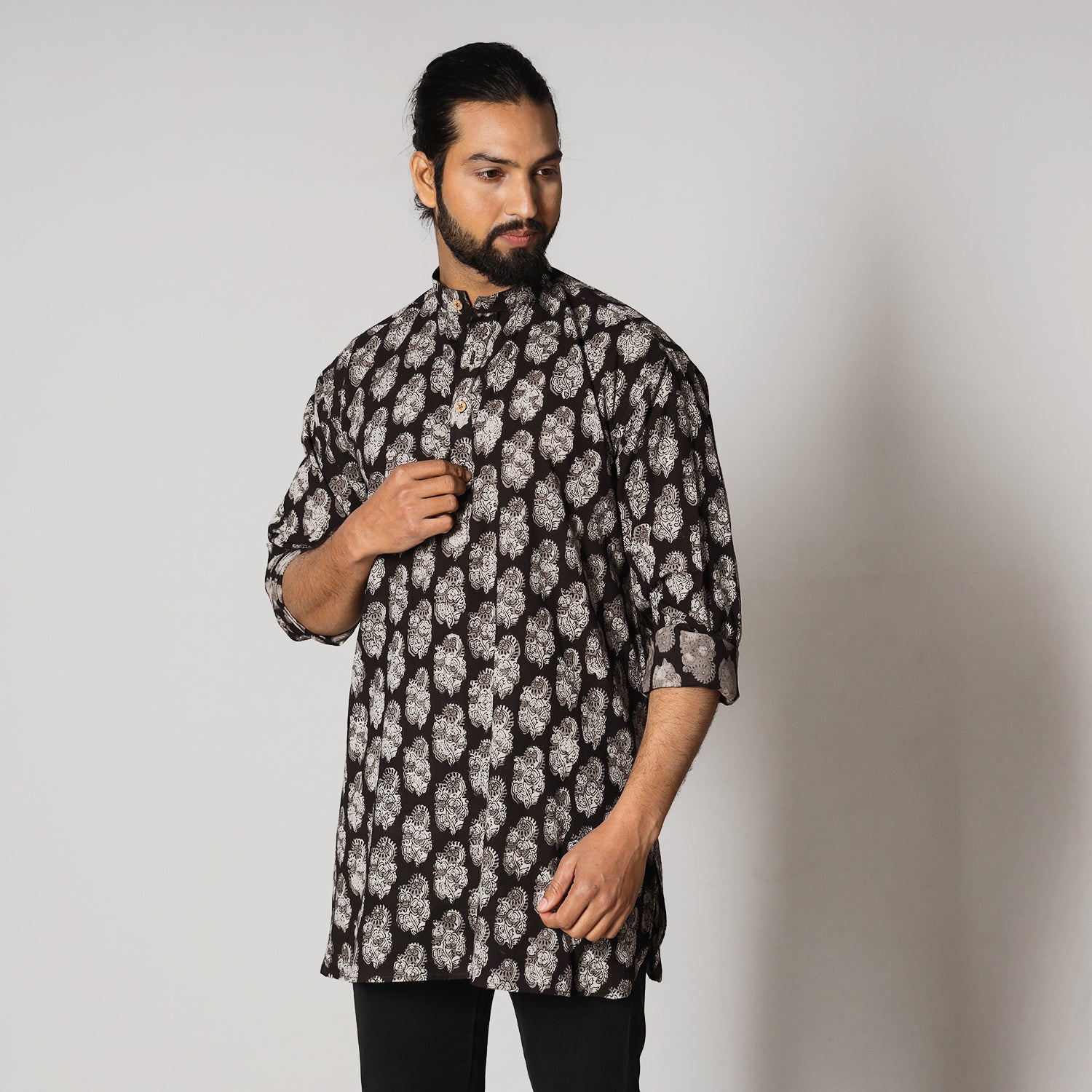 ITOKRI CASUALS Black - Bagru Block Printing Cotton Men Short Kurta - view 2