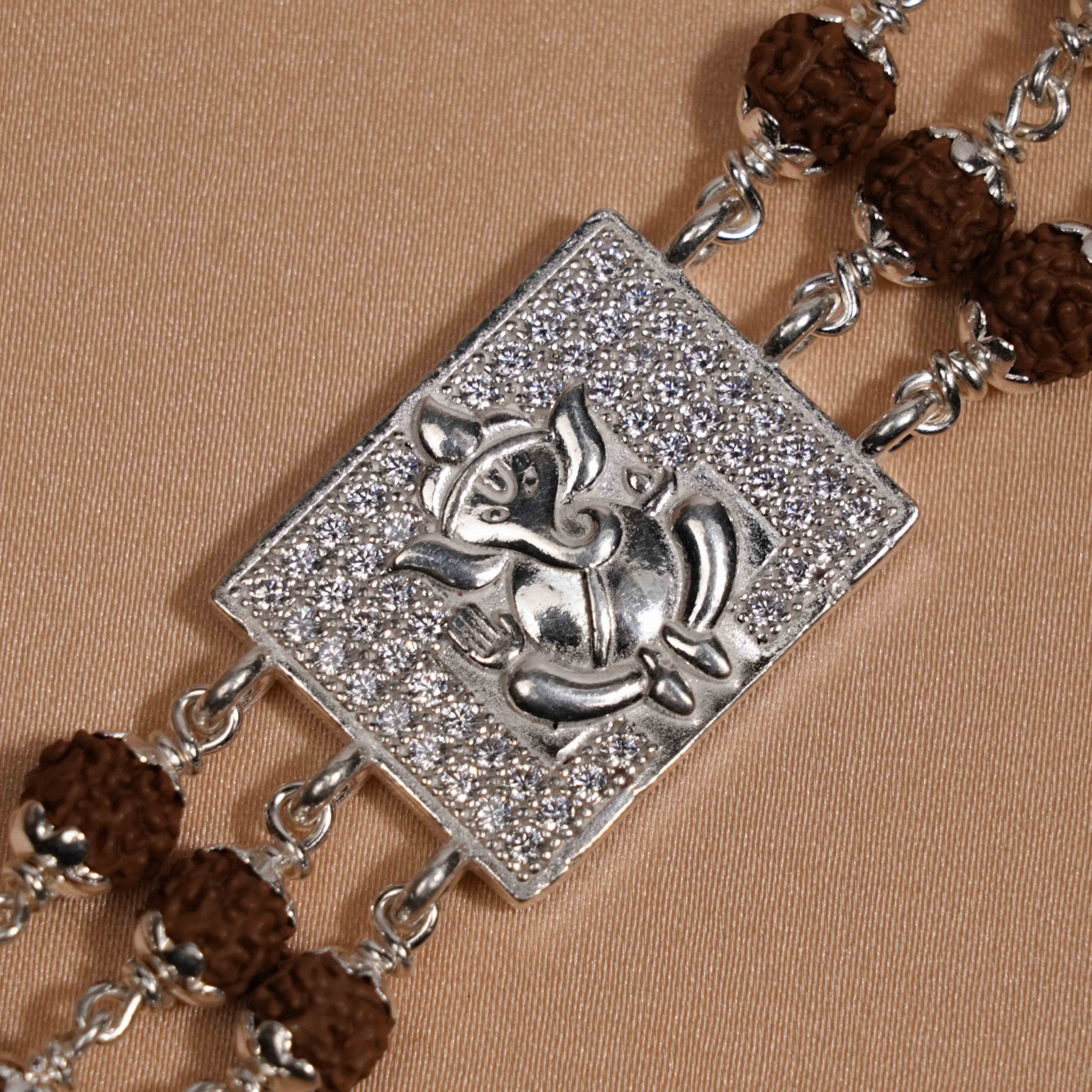 Prinjal Jewellers Rudraksha Silver Daimond Ganesh Tripel Line Bracelet