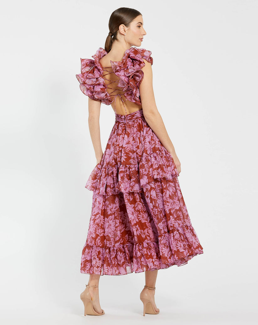 Mac Duggal 68644 A Line Floral Print Tea Length Formal Dress - view 2