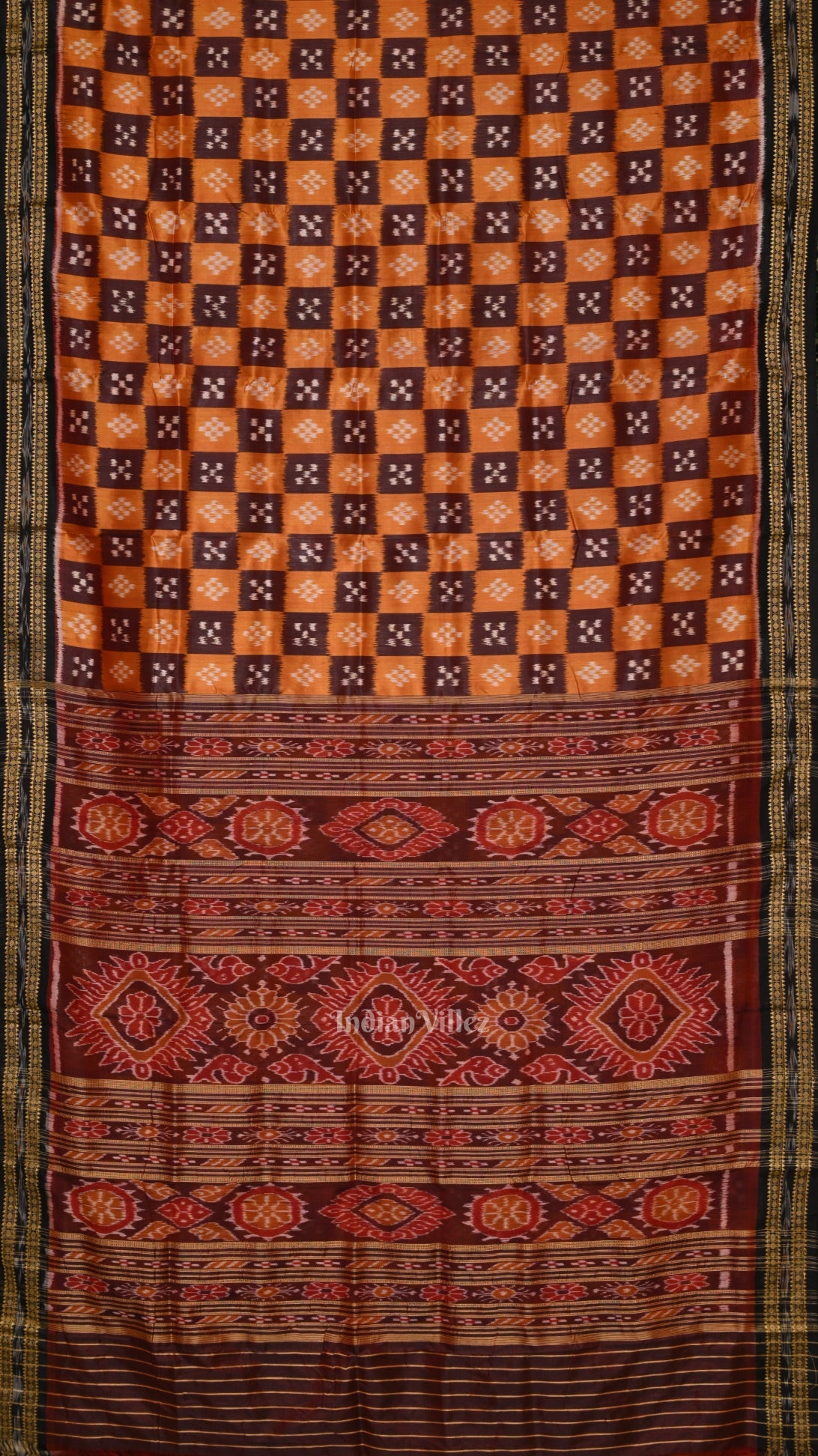 IndianVillèz Mustard Yellow Coffee Pasapali Odisha Ikat Khandua Silk Saree