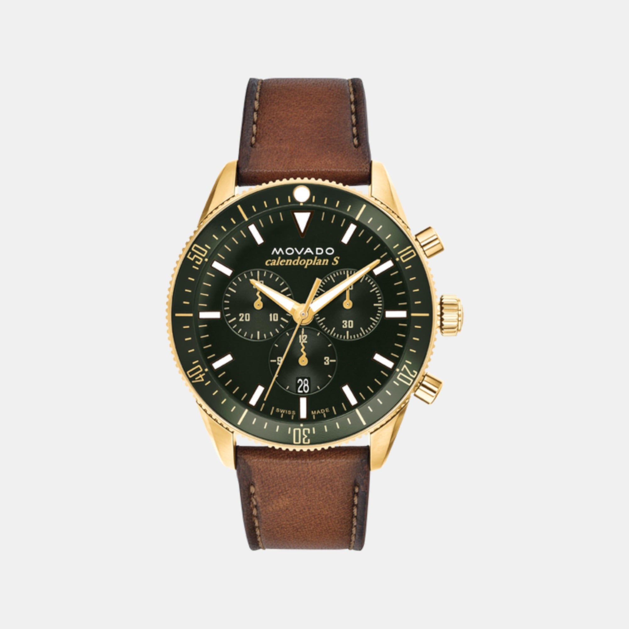 Movado Calendoplan S Heritage Men Quartz Green Dial Chronograph Leather Watch 3650122