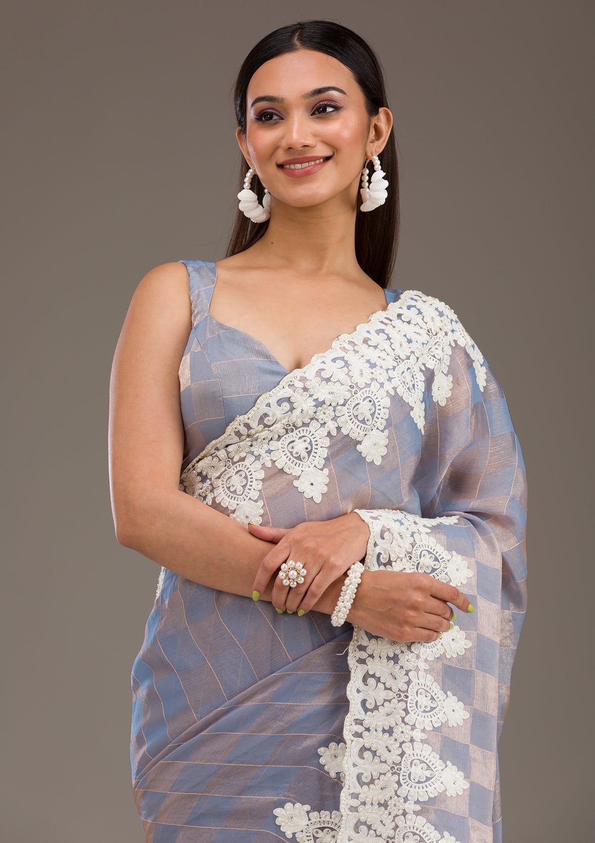 Koskii Grey Pearlwork Tissue Saree – Women's - view 9