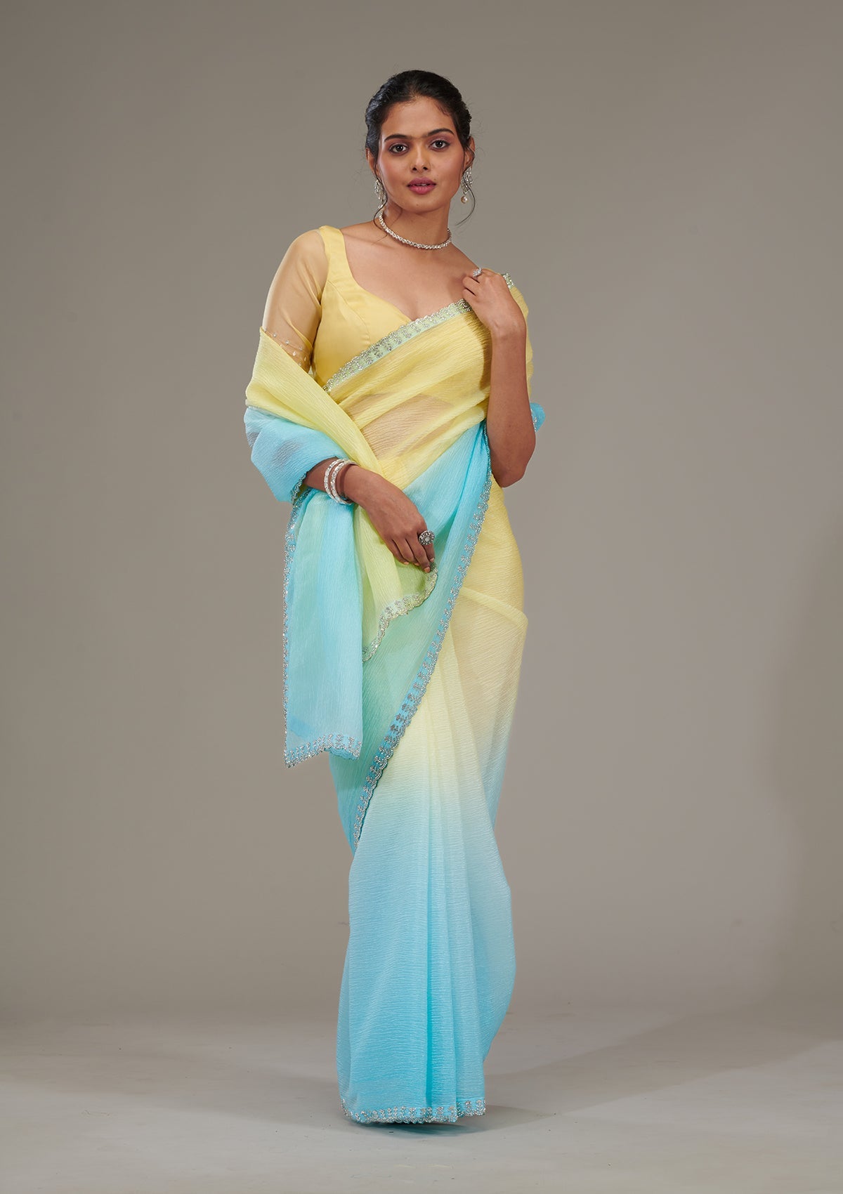 Koskii Yellow Stonework Tissue Saree – Women's