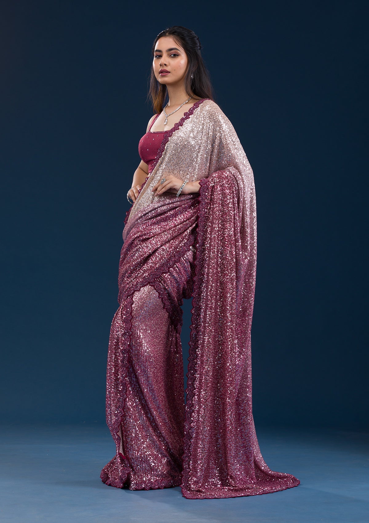 Koskii Maroon Sequins Georgette Saree – Women's - view 5