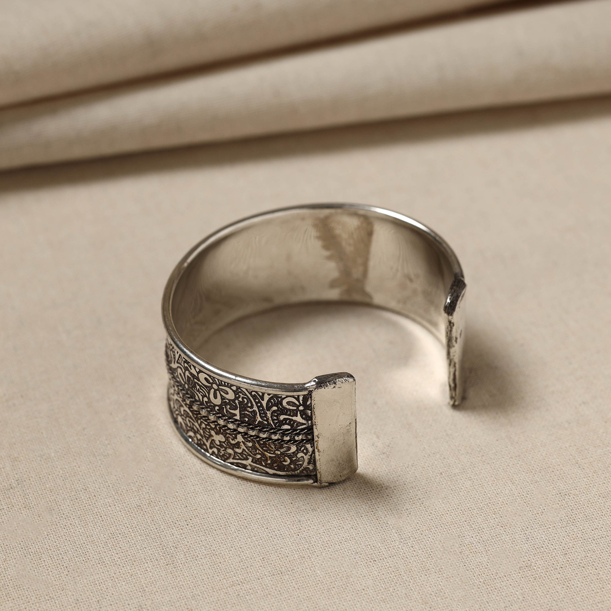 WHITE RIVER STORIES Antique Finish Oxidised German Silver Bangle / Cuff Bracelet (Adjustable)