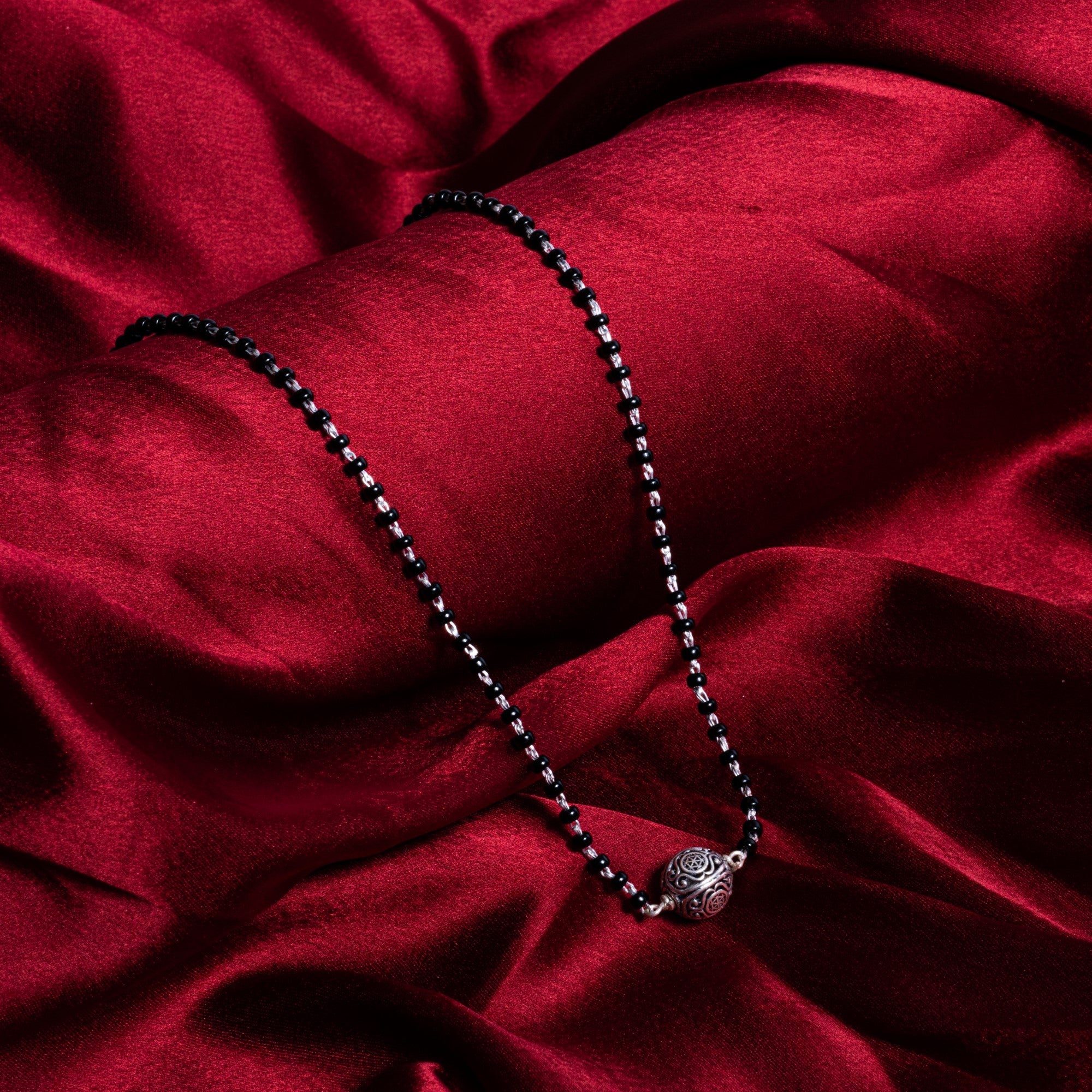 Prinjal Jewellers Original Black Beads Mangal Sutra with Silver Circular Pendant for Women