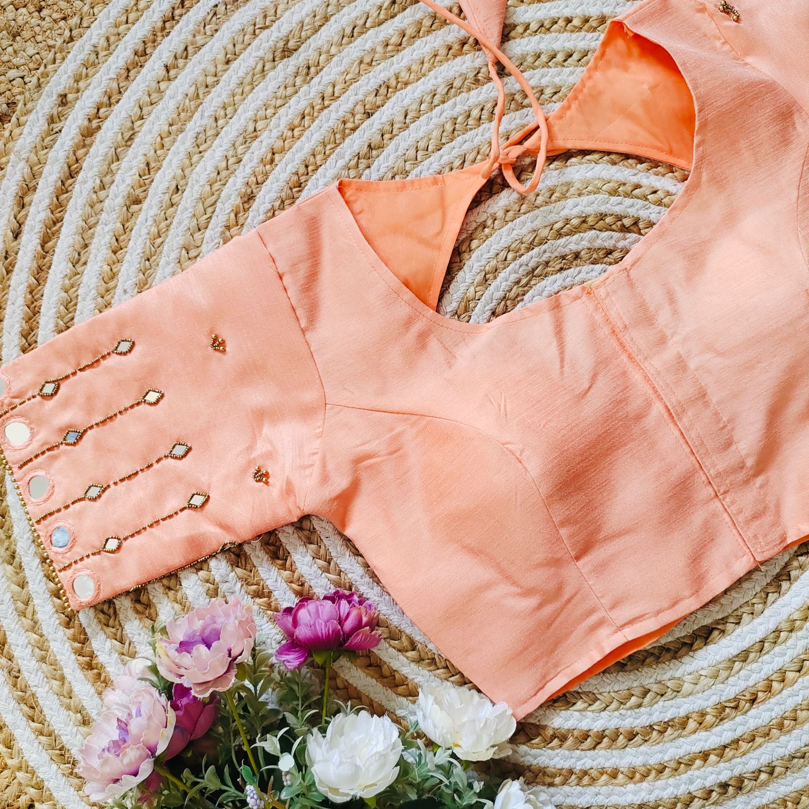 ClothsVilla Orange Russian Silk Blouse with Mirror and Pearl Embellishments
