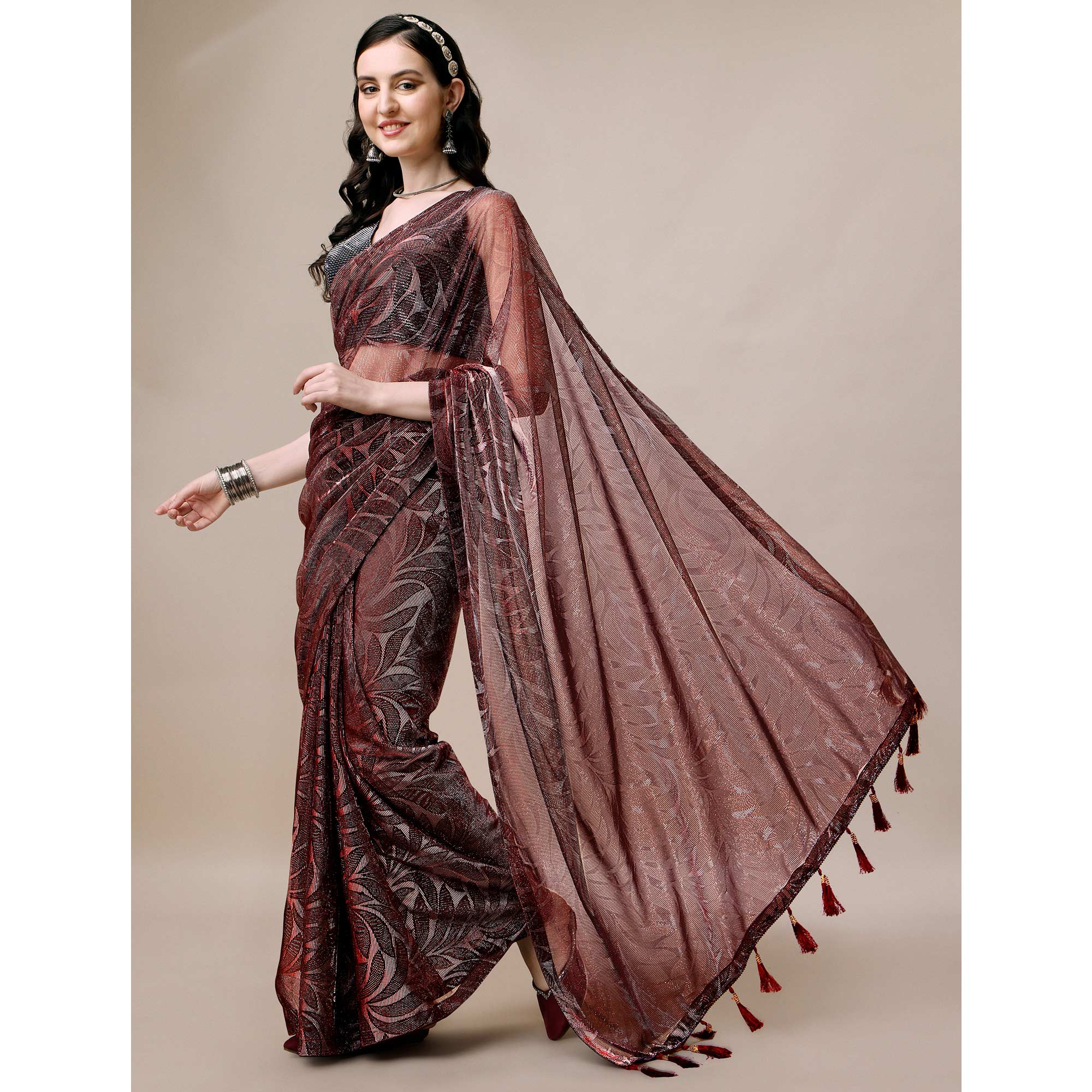 Peachmode Maroon Floral Printed Rayon Saree – Women's - view 5