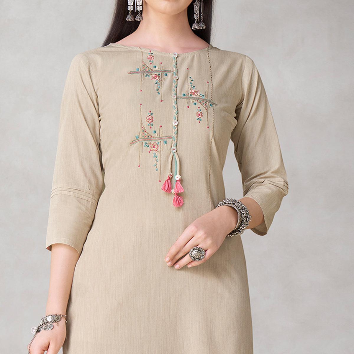 Peachmode Seller Groovy Beige Colored Partywear Embroidered Viscose Kurti - view 2