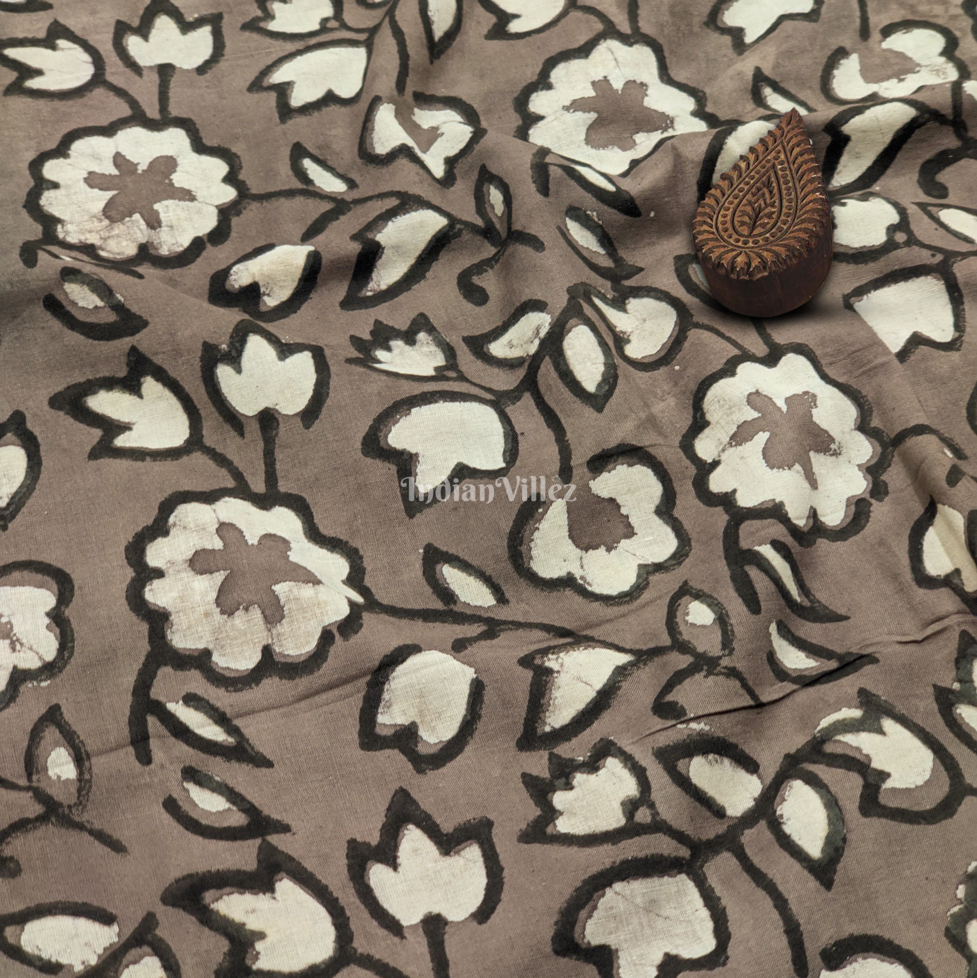 IndianVillèz Gray White Floral Hand Block Printed Cotton Fabric
