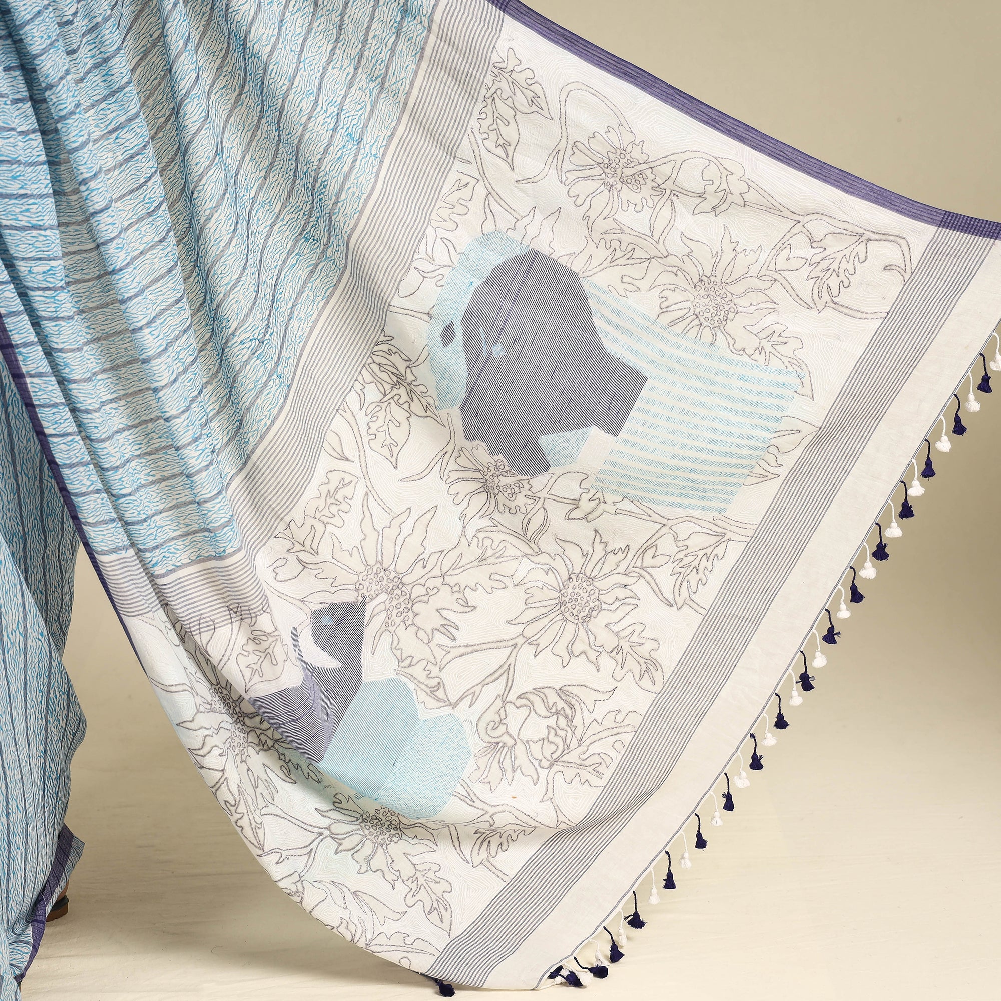 KHUSHBASH - HAPPY LOOM OF EAST Blue - Bengal Kantha Hand Embroidery Handloom Cotton Saree with Tassels 20 - view 2