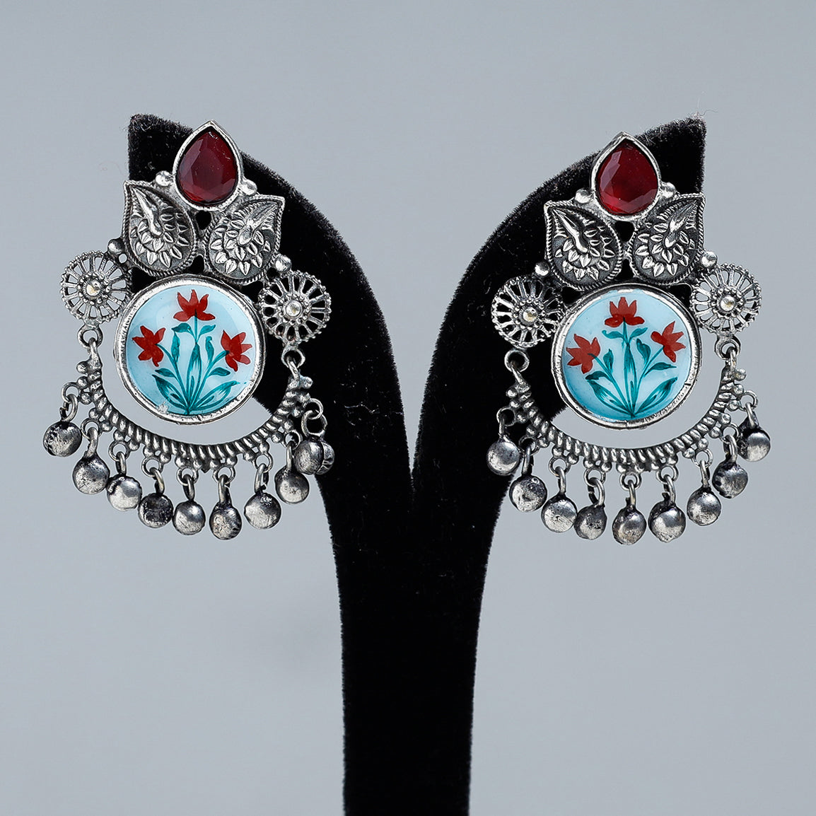 WHITE RIVER STORIES Antique Silver Finish Oxidised Brass Base Enamel & Stone Work Earrings - view 2