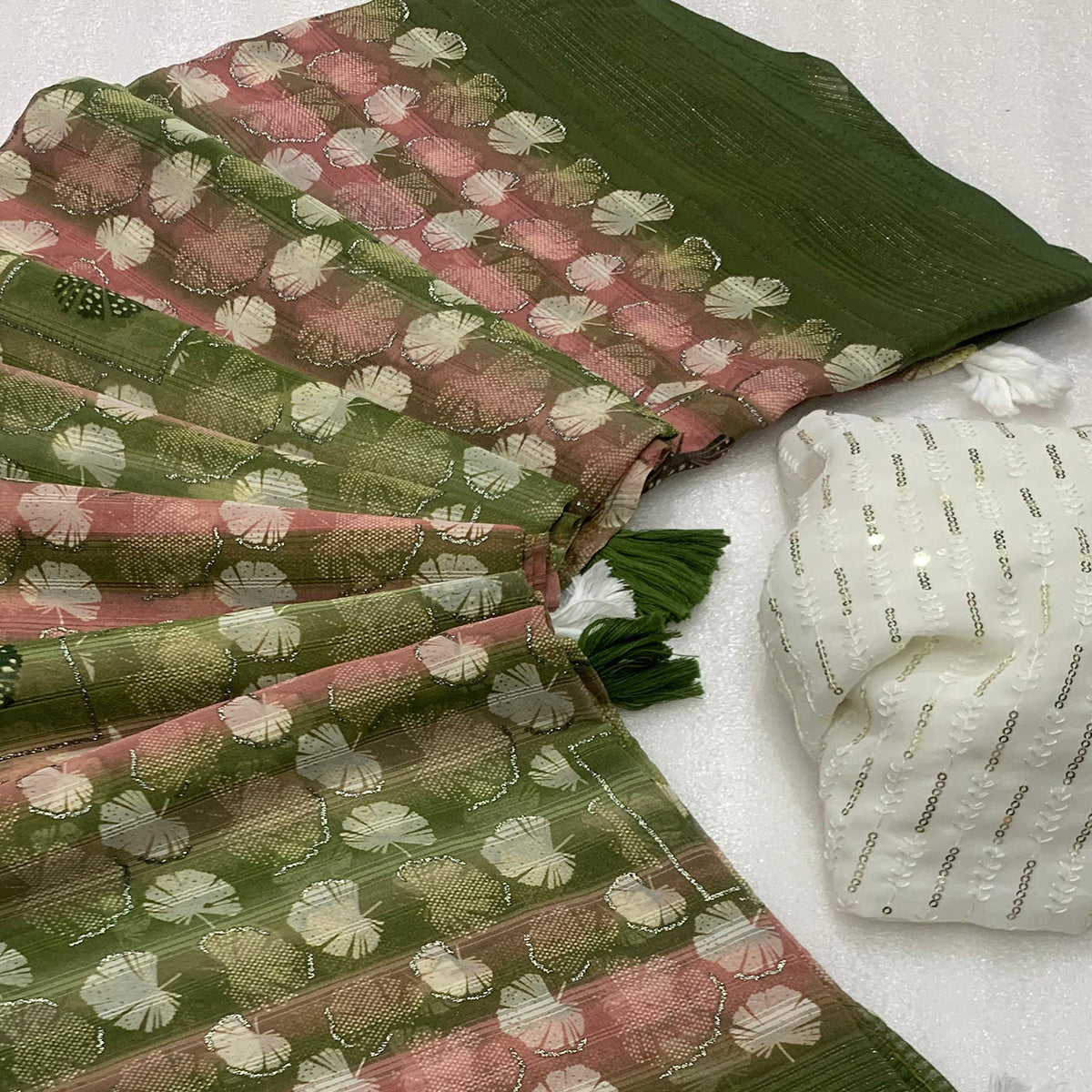 BlackTree green-floral-foil-printed-georgette-saree-with-tassels-5 - view 2