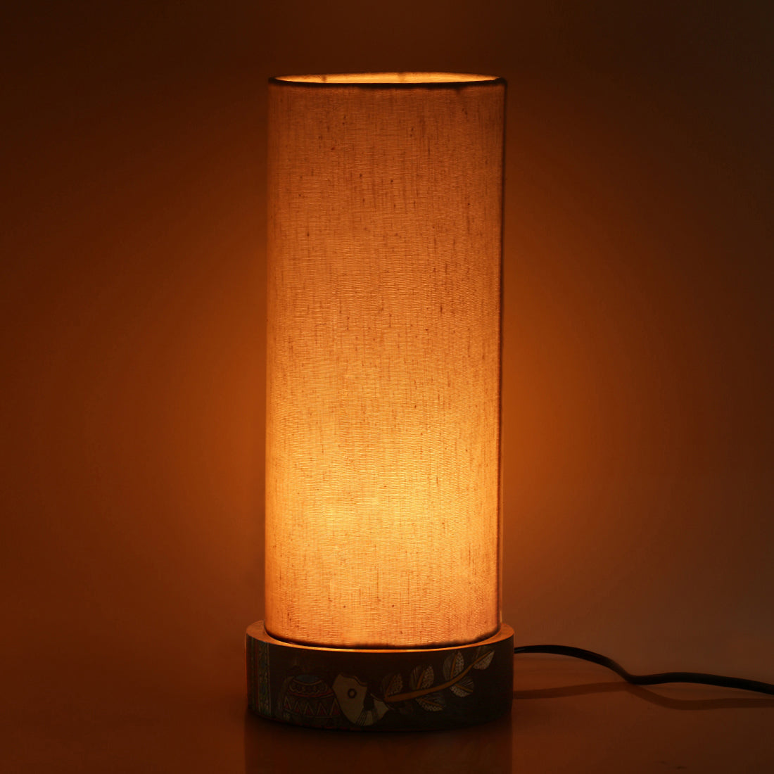 EXCLUSIVELANE 'The Brownie Elephant' Madhubani Handpainted Round Table Lamp In Mango Wood - view 2