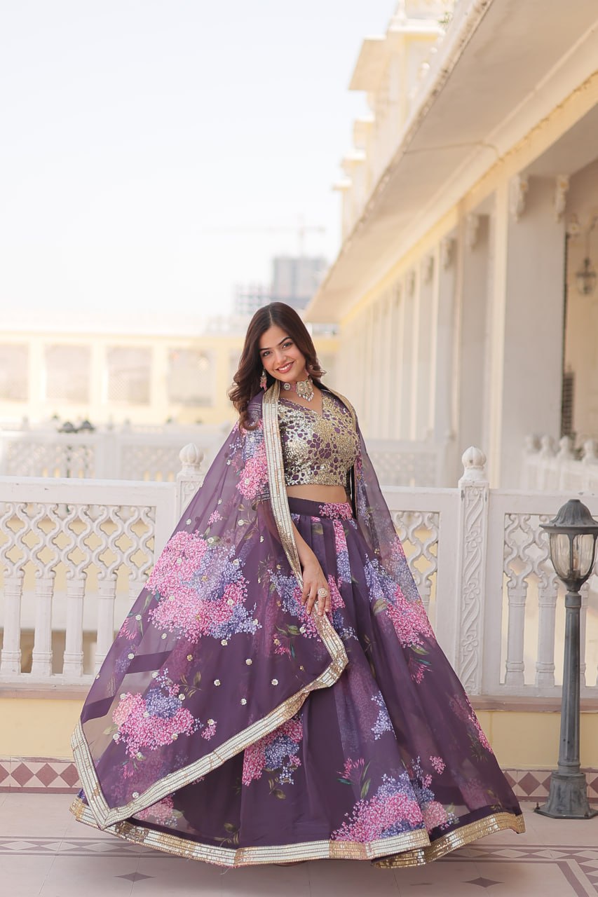 ClothsVilla Wine Exquisite Women's Fully Flaired Lehenga Set in Digital Printed Russian Silk with Sequins Embroidery - view 5