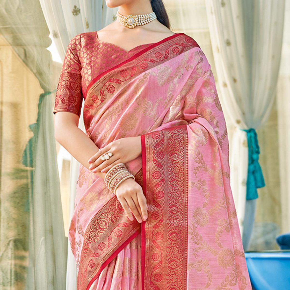 Peachmode Light Pink Floral Woven Cotton Blend Saree With Tassels - view 2