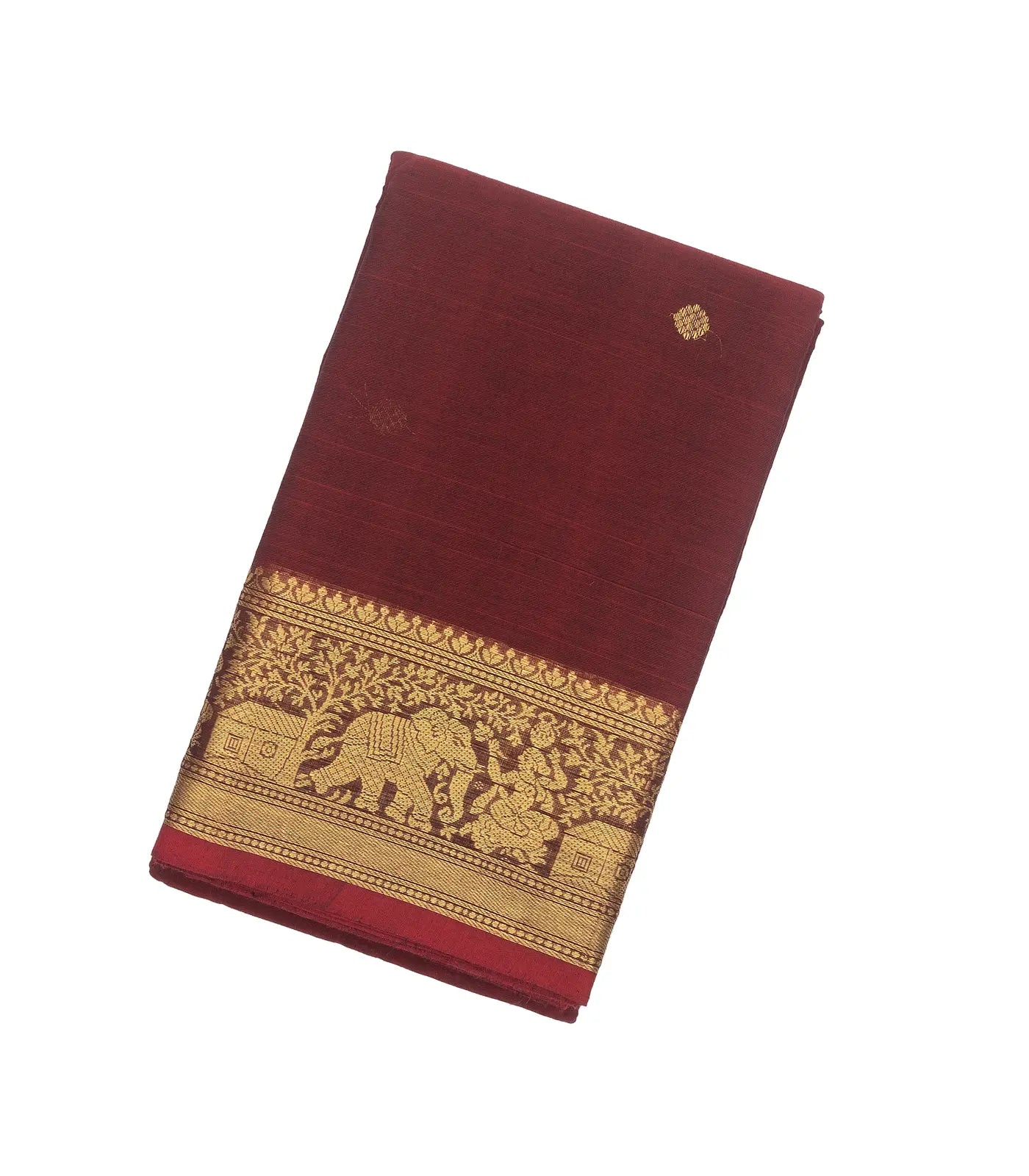 RmKV Crimson Handloom Kanchi Cotton Saree With Elephants, House and Lady Motifs in Border - view 8