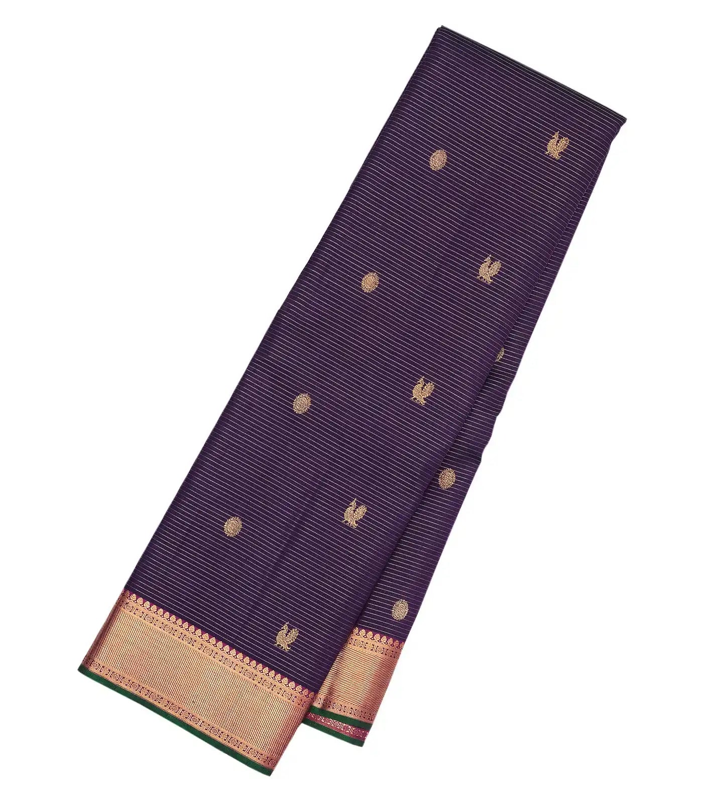 RmKV Dark Purple Handloom Kanchipuram Silk Saree With Stripes & Annam Buttas