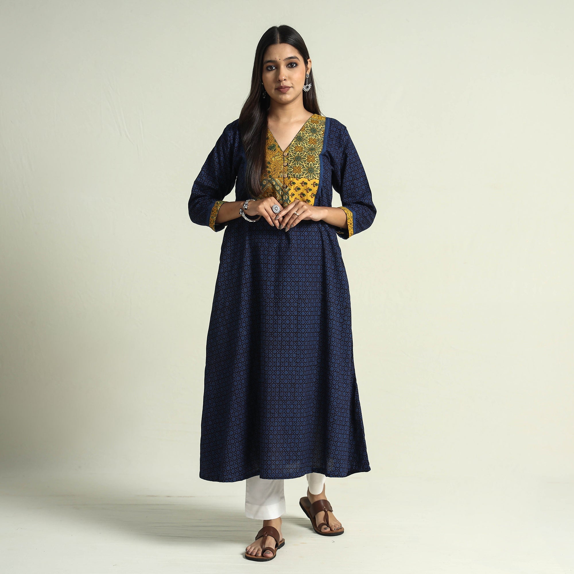 ITOKRI CASUALS Blue - Block Print Cotton Patchwork A-Line Bagh Kurta - view 2